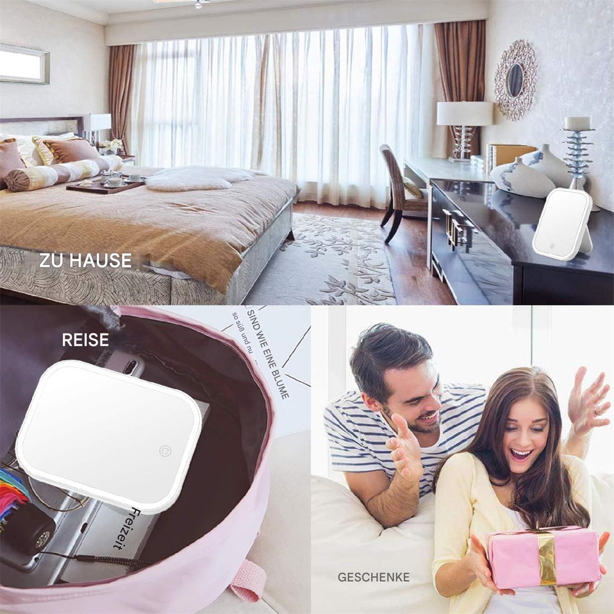 Szenen mit einem Spiegel. Schlafzimmer, Reisetasche und ein Paar. Weißer Spiegel mit Licht.