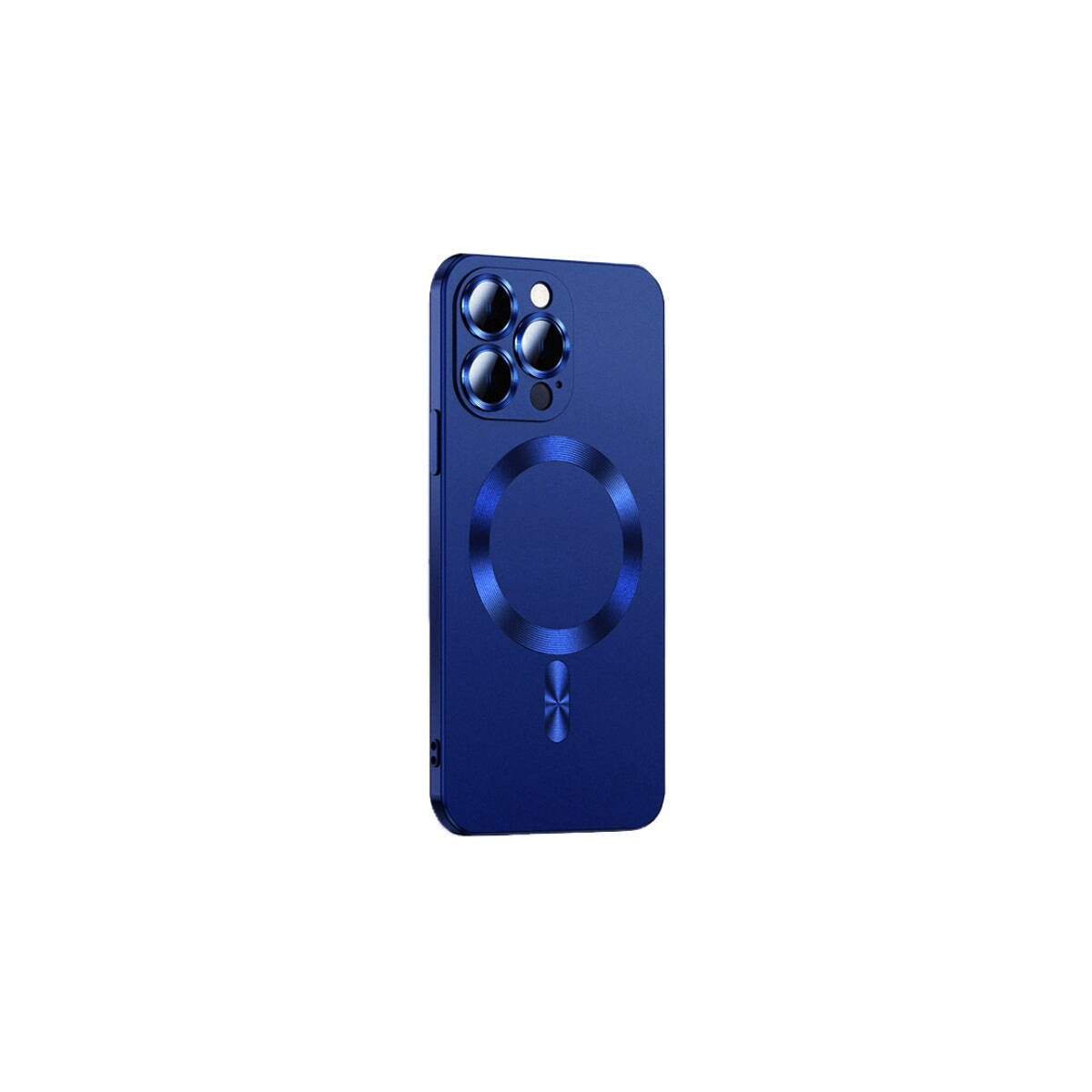 Una custodia blu per telefono con 3 ritagli per fotocamera e un'area di ricarica rotonda.