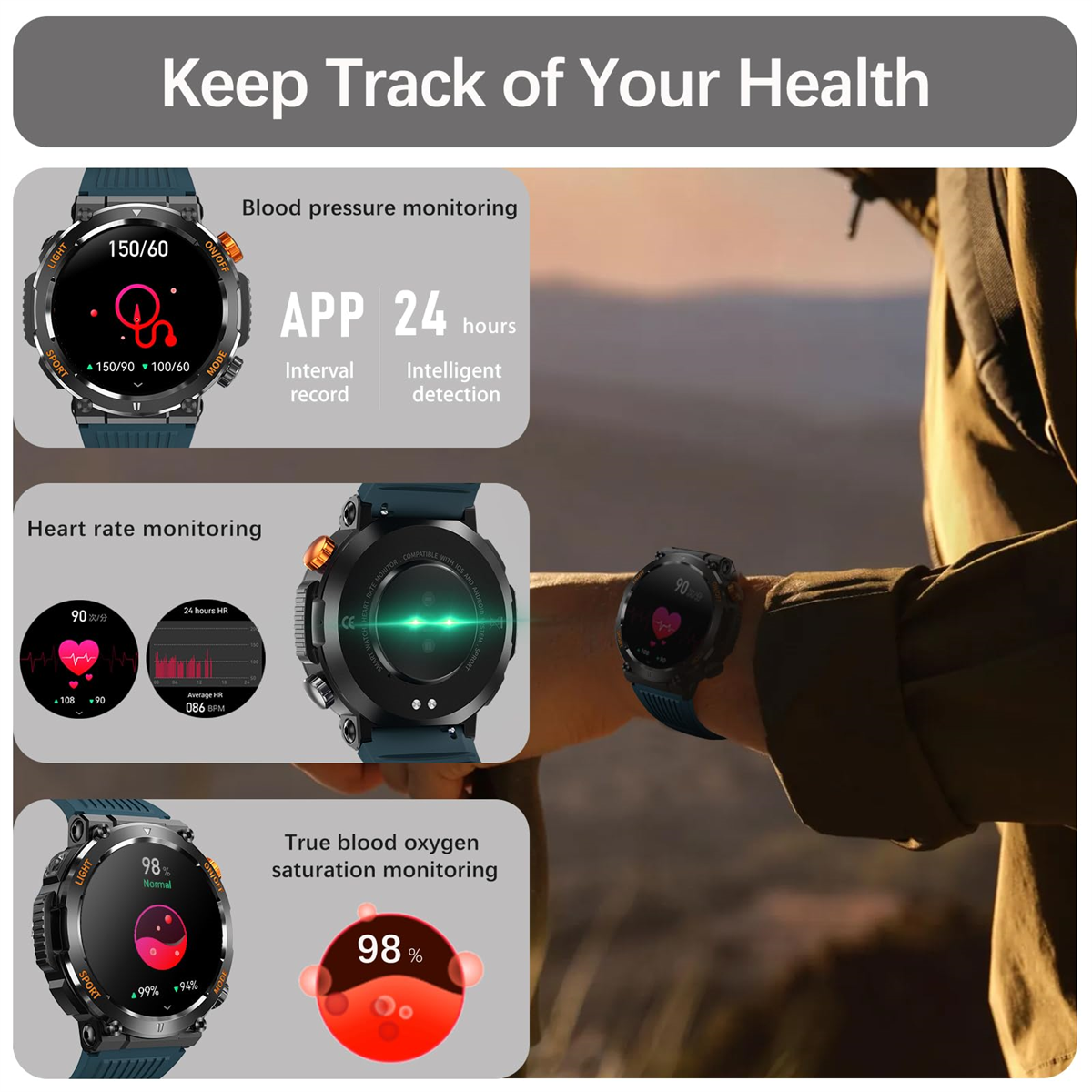 Eine Smartwatch, die Gesundheitsmetriken anzeigt. Zeigt Blutdruck, Herzfrequenz und Blutsauerstoffwerte am Handgelenk.