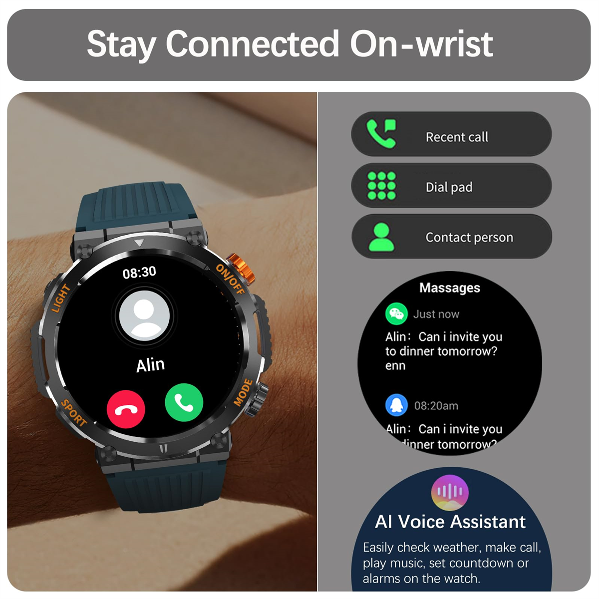 Smartwatch am Handgelenk mit Anrufen und Nachrichten, Kontakt- und Sprachassistenten-Optionen.