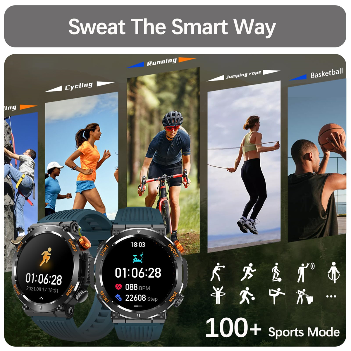 Smartwatches in Gebrauch, die verschiedene Sportmodi zeigen. Das Bild zeigt Laufen, Radfahren, Seilspringen und Basketball.