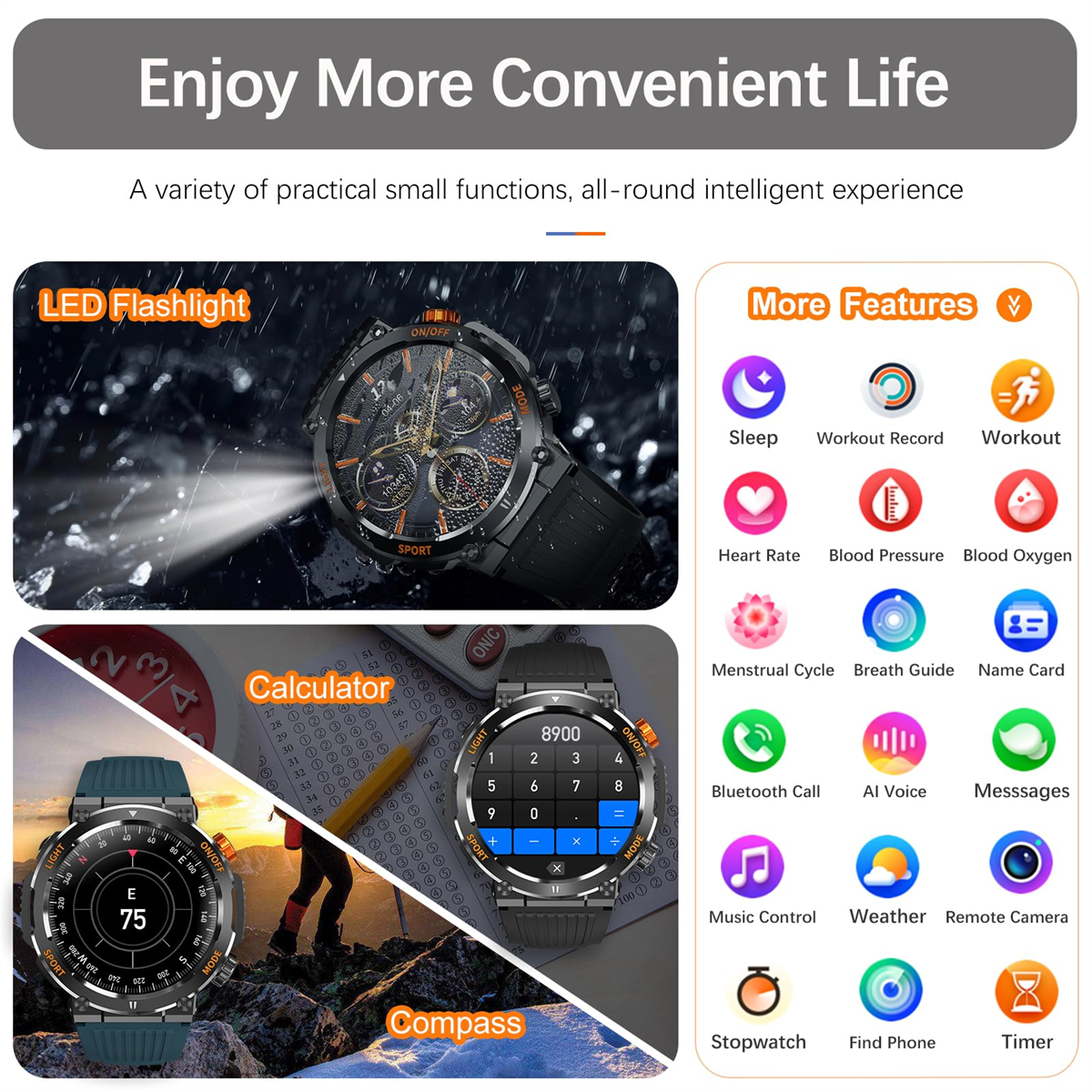 Smartwatch mit mehreren Funktionen: Schlaf, Herzfrequenz, Blutdruck und ein Taschenrechnerbildschirm.