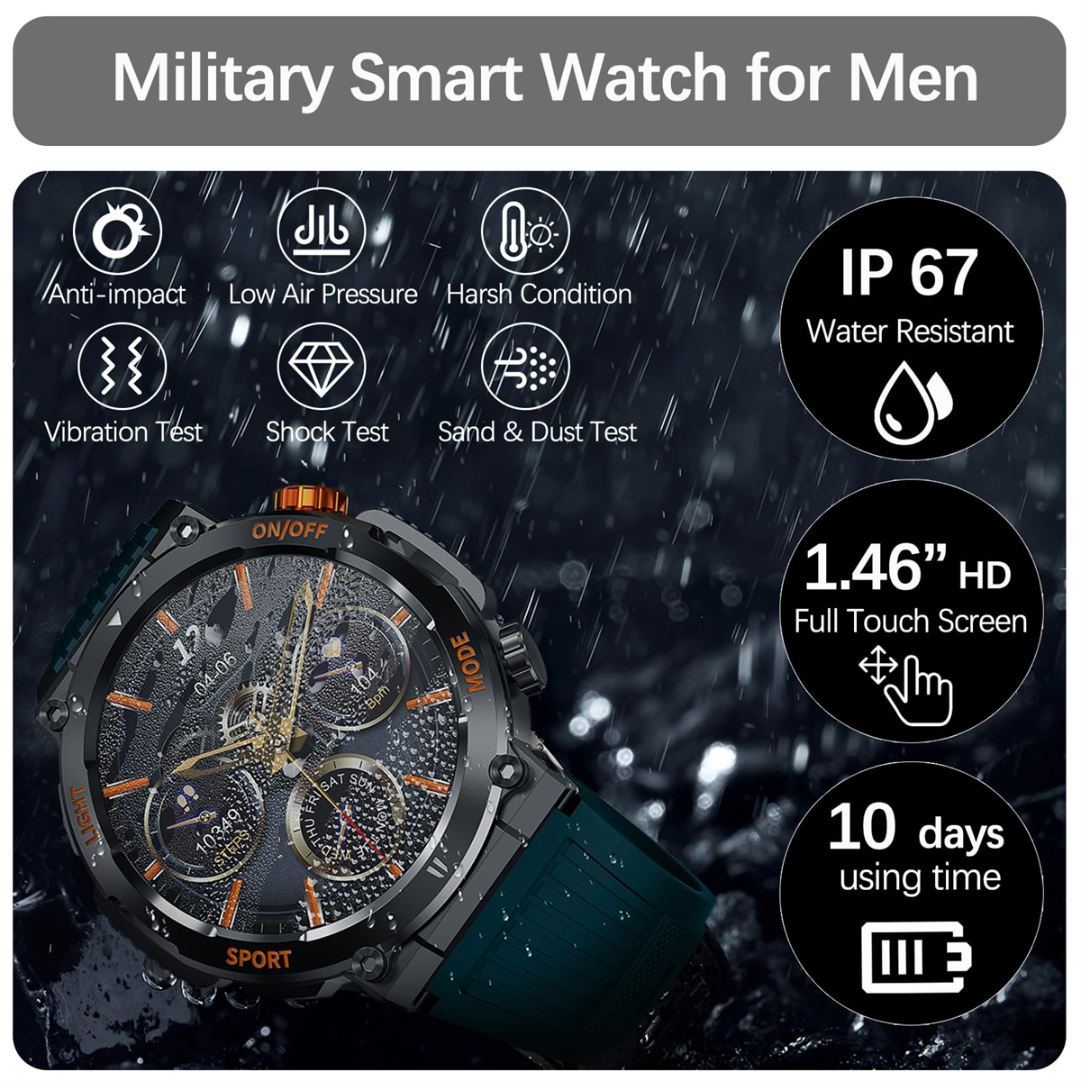 Smartwatch mit Symbolen, Text und tealfarbenem Armband, auf schwarzem Untergrund.