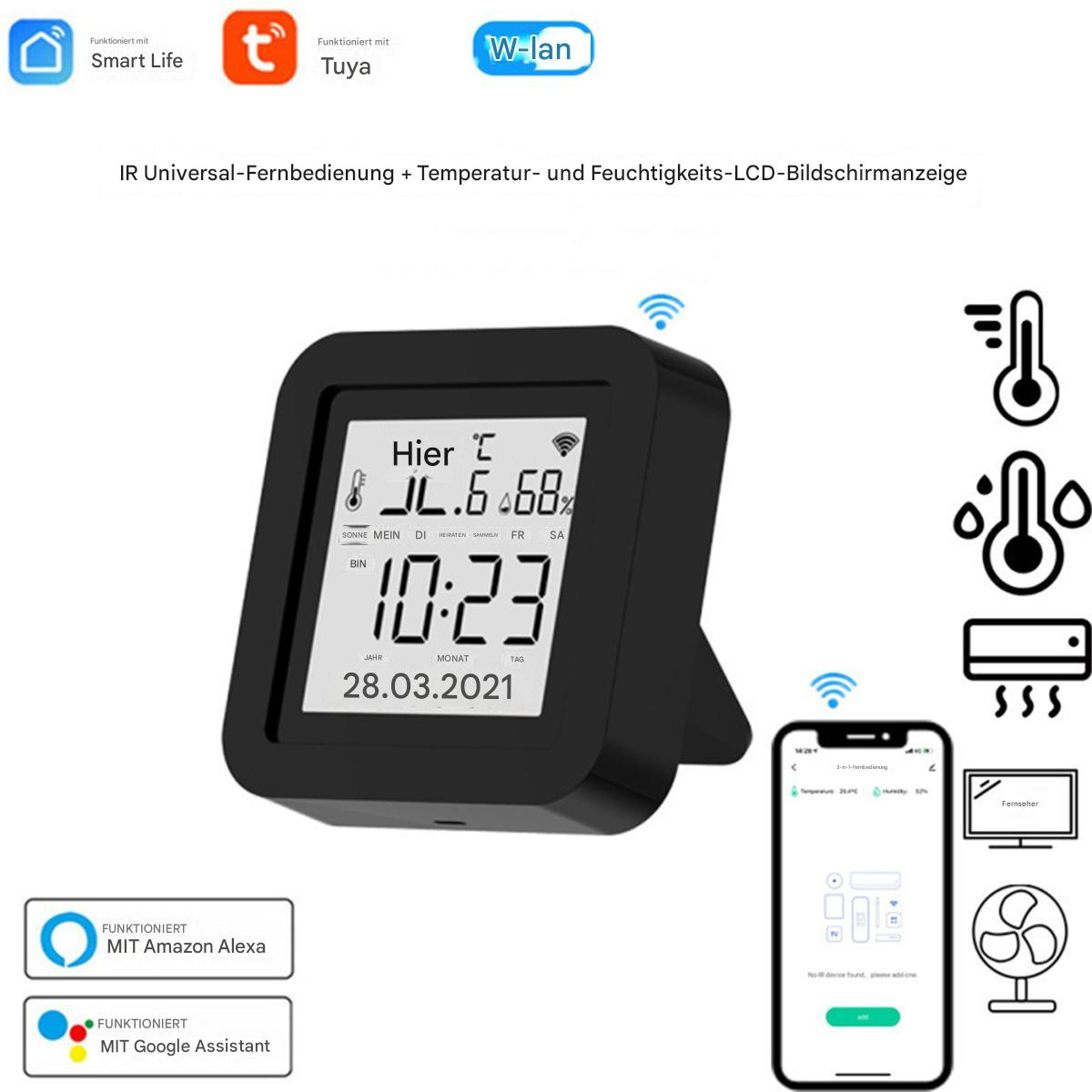 Schwarzes quadratisches Gerät mit Digitalanzeige für Zeit, Temperatur und Luftfeuchtigkeit, mit einem Telefon in der Nähe.