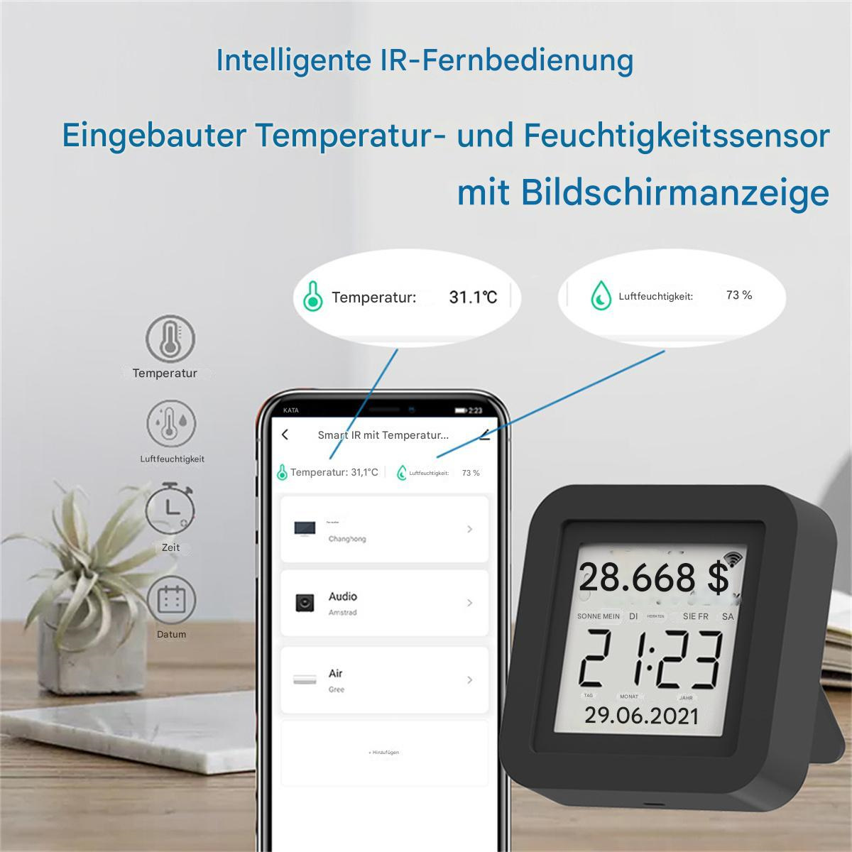 Smart-Gerät, das Temperatur, Luftfeuchtigkeit und Zeit anzeigt.