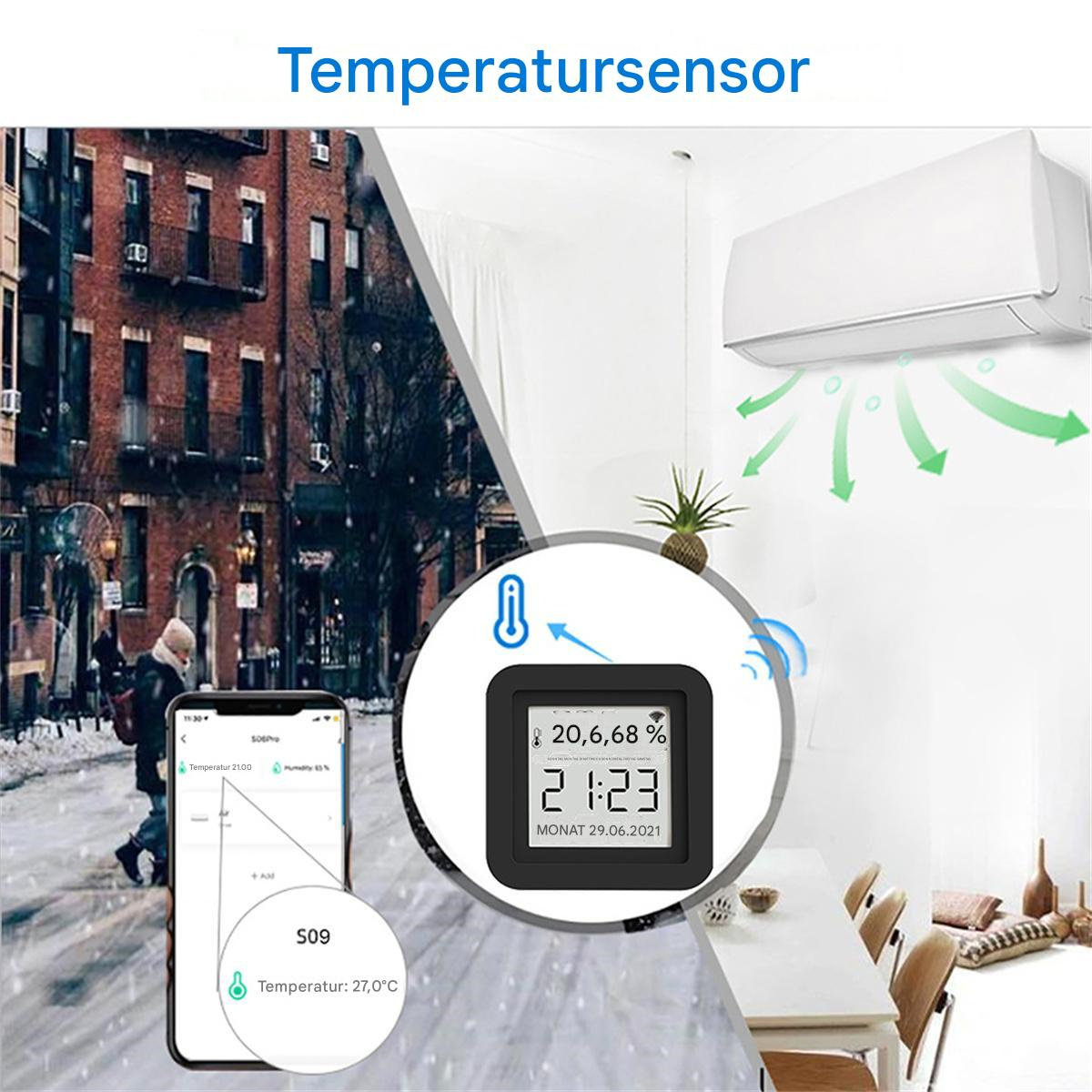 Ein Smartphone, das Temperaturmesswerte anzeigt. Ein Sensor und eine Klimaanlage sind ebenfalls sichtbar. Schnee auf der Straße.