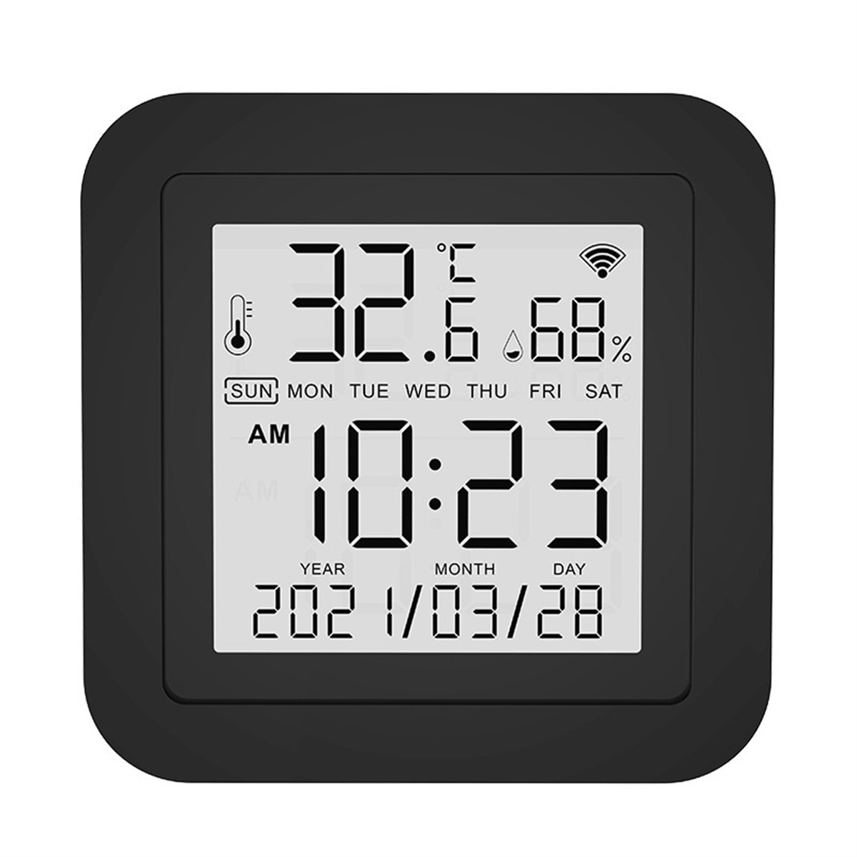 Digitaluhr mit Anzeige von Uhrzeit, Datum und Luftfeuchtigkeit in einem schwarzen quadratischen Rahmen.