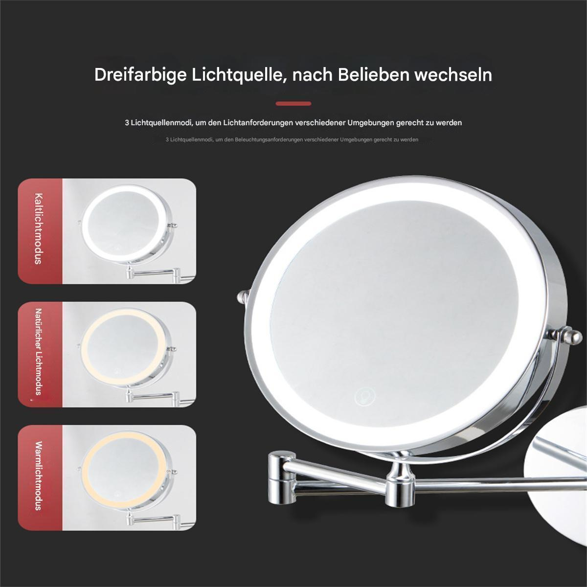 Ein silberner, verstellbarer Schminkspiegel mit drei Lichtmodi wird auf weißem Hintergrund angezeigt.