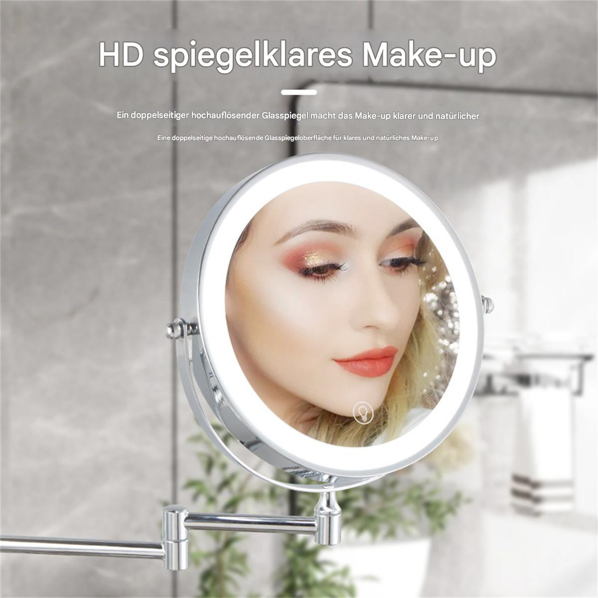 Ein beleuchteter Schminkspiegel, der eine Frau beim Schminken im Badezimmer zeigt.