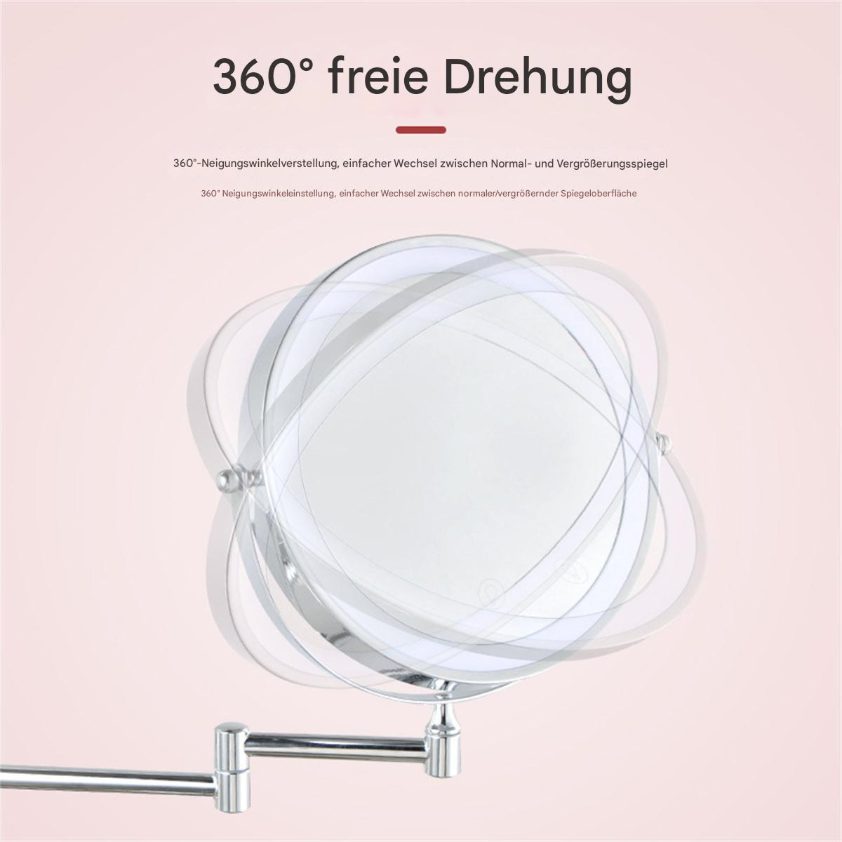 Ein Spiegel mit einem Chromrahmen und kreisförmigen Elementen. Der Text zeigt 360-Grad-Drehung an.