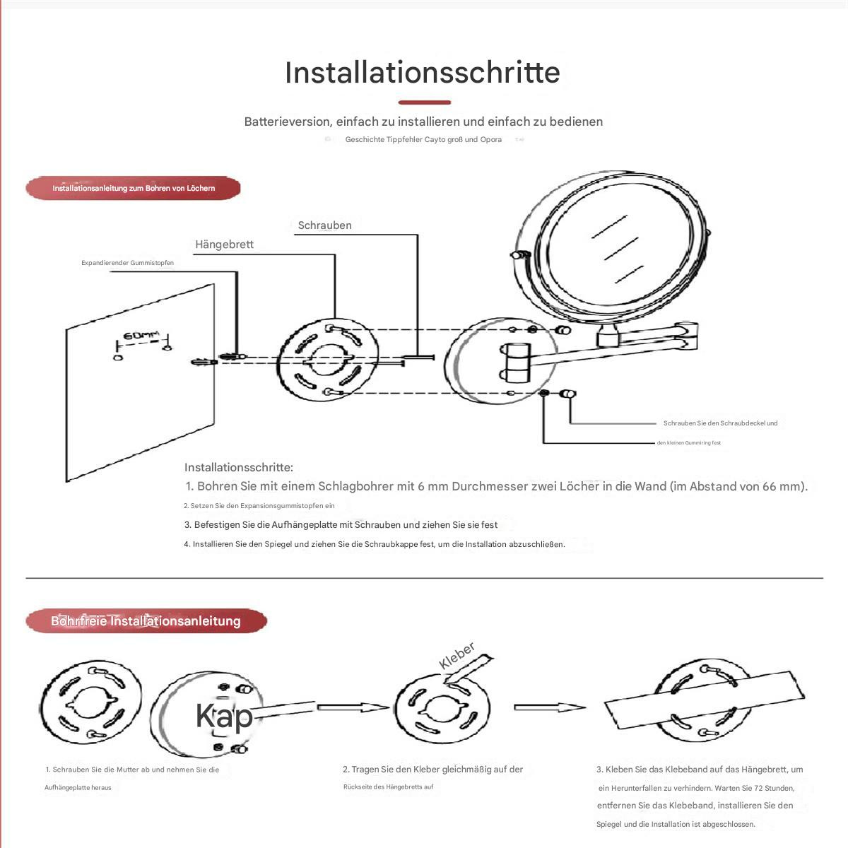 Diagramm mit Installationsschritten für einen Spiegel, einschließlich Bohren und Schraubenplatzierung.