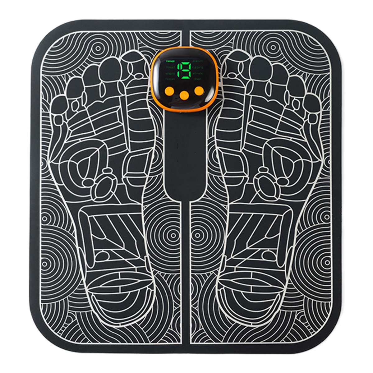 Schwarzes Fußmassagepad mit Fußumrissen und zentraler Digitalanzeige. Weiße Linien und orangefarbene Akzente.