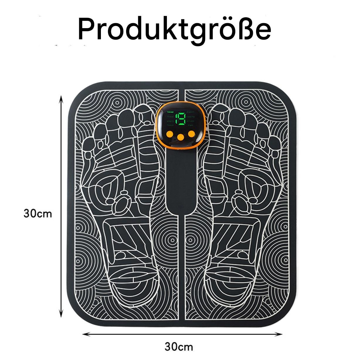 Schwarzes Fußmassagegerät mit Display und Maßangaben. Weißer Hintergrund.