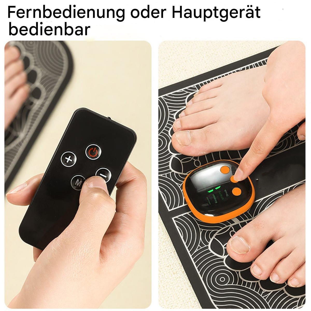 Hände, die eine Fernbedienung und ein Gerät mit Füßen darauf benutzen.
