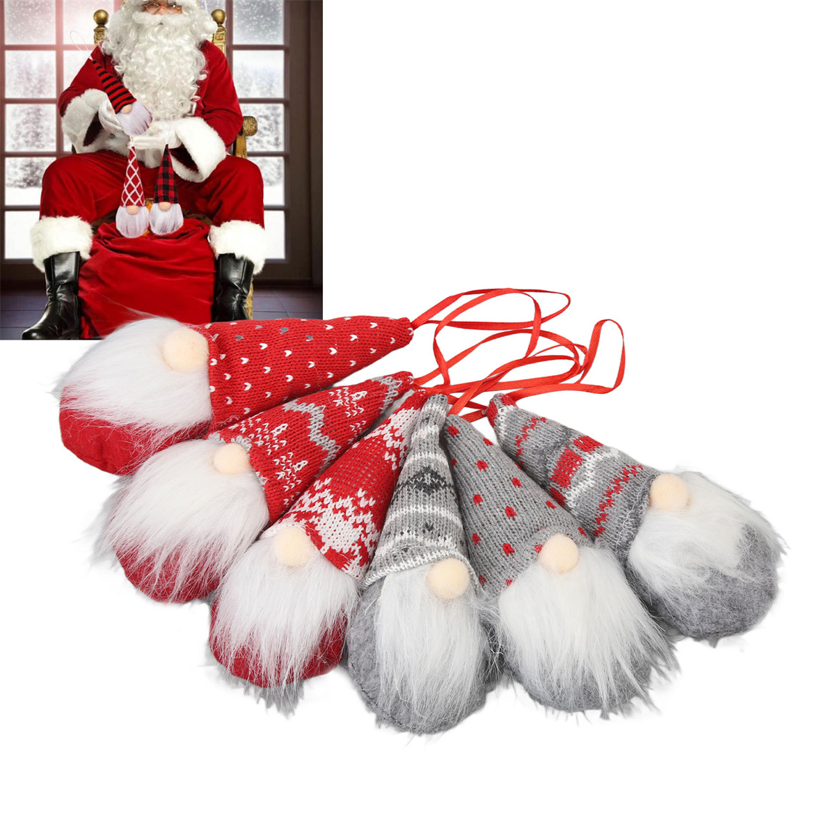 Weihnachtswichtel mit roten und grauen Hüten und weißen Bärten, und Weihnachtsmann im Hintergrund.