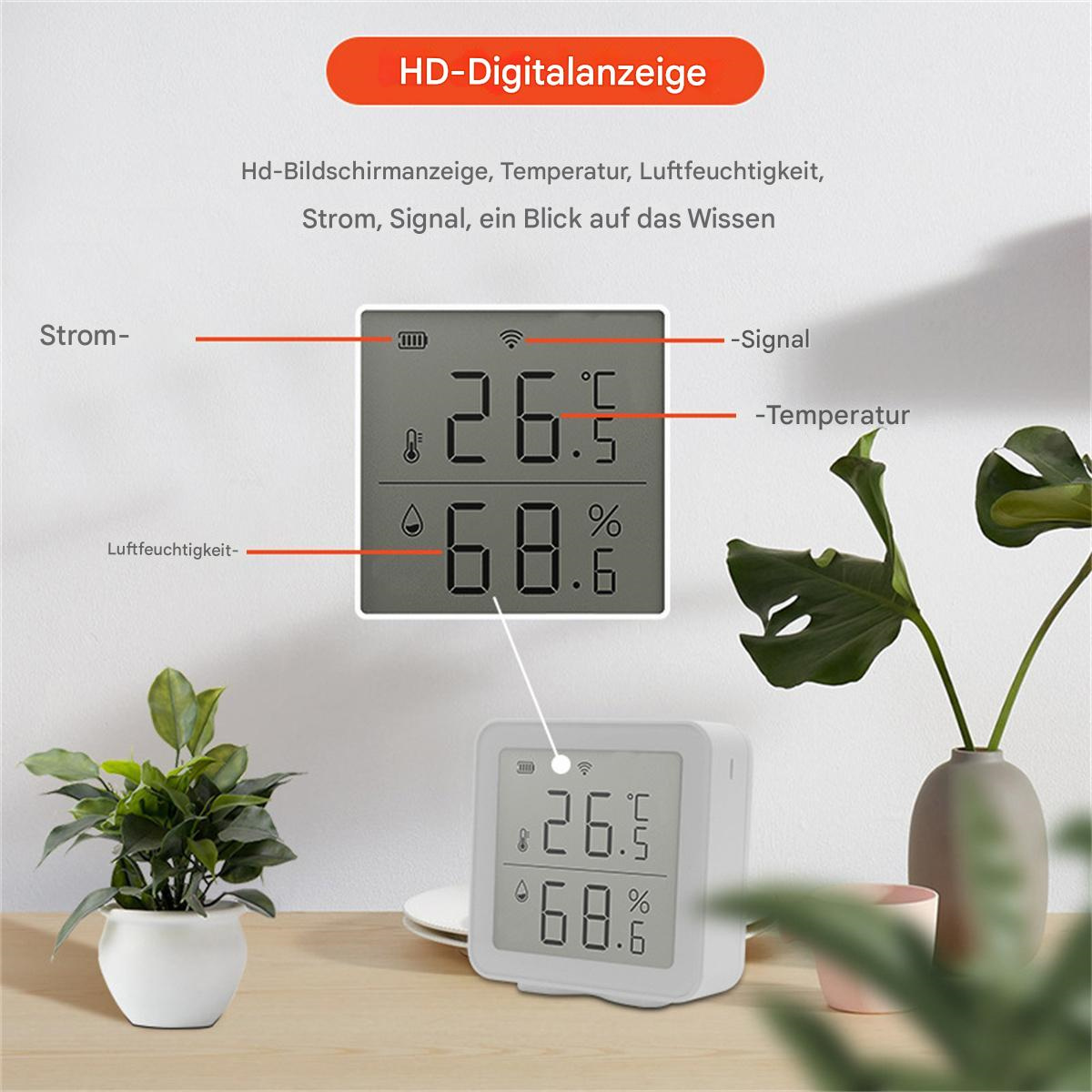 Digitalanzeige mit Temperatur, Luftfeuchtigkeit und weiteren Infos.