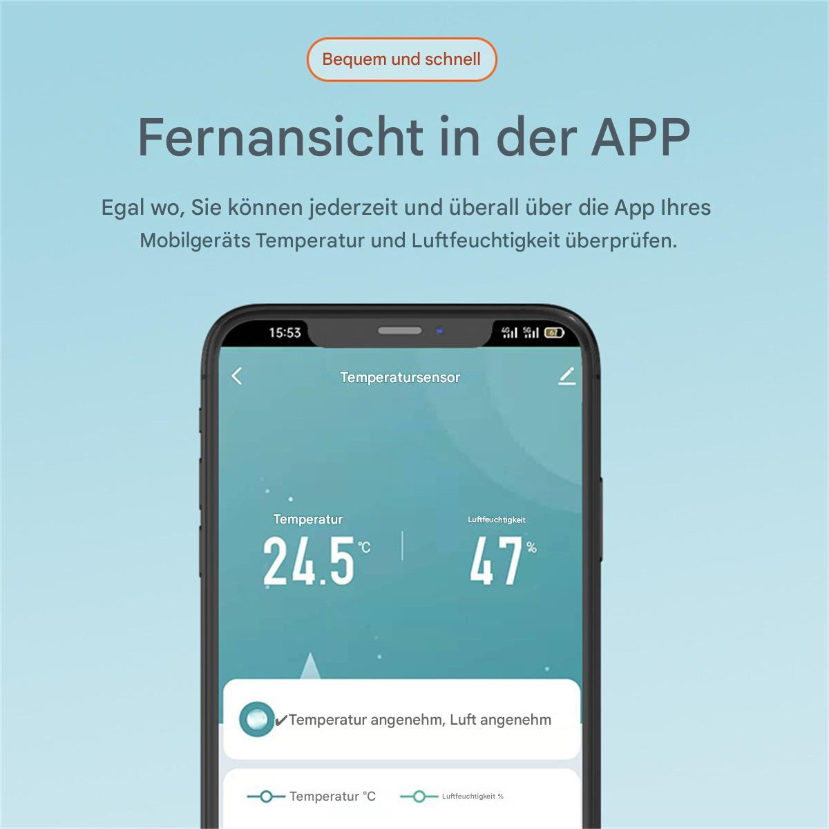 Smartphone zeigt Temperatur und Luftfeuchtigkeit. Text: Temperatur 24,5°C, Luftfeuchtigkeit 47%.