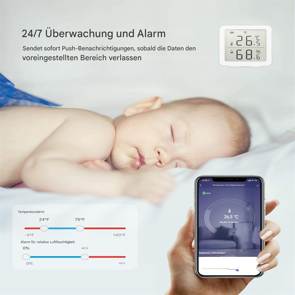 Ein schlafendes Baby mit digitaler Anzeige von Temperatur und Luftfeuchtigkeit sowie Smartphone-Oberfläche.