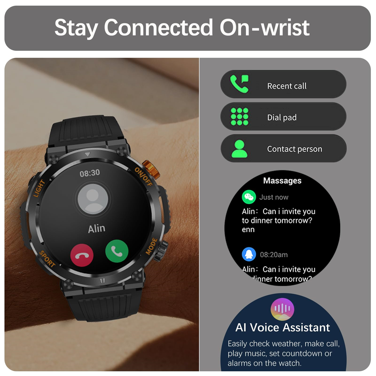 Smartwatch am Handgelenk, zeigt Benachrichtigungen und KI-Assistenten-Optionen.