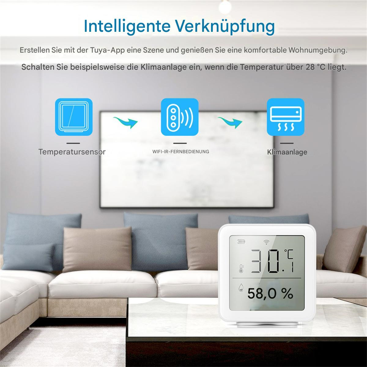 Weißes intelligentes Thermostat, das Temperatur und Luftfeuchtigkeit anzeigt, mit einem Wohnzimmer im Hintergrund.