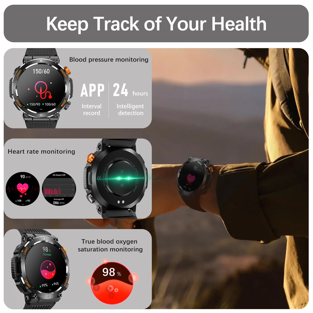 Eine Smartwatch mit Gesundheitsverfolgungsfunktionen und grafischer Benutzeroberfläche.