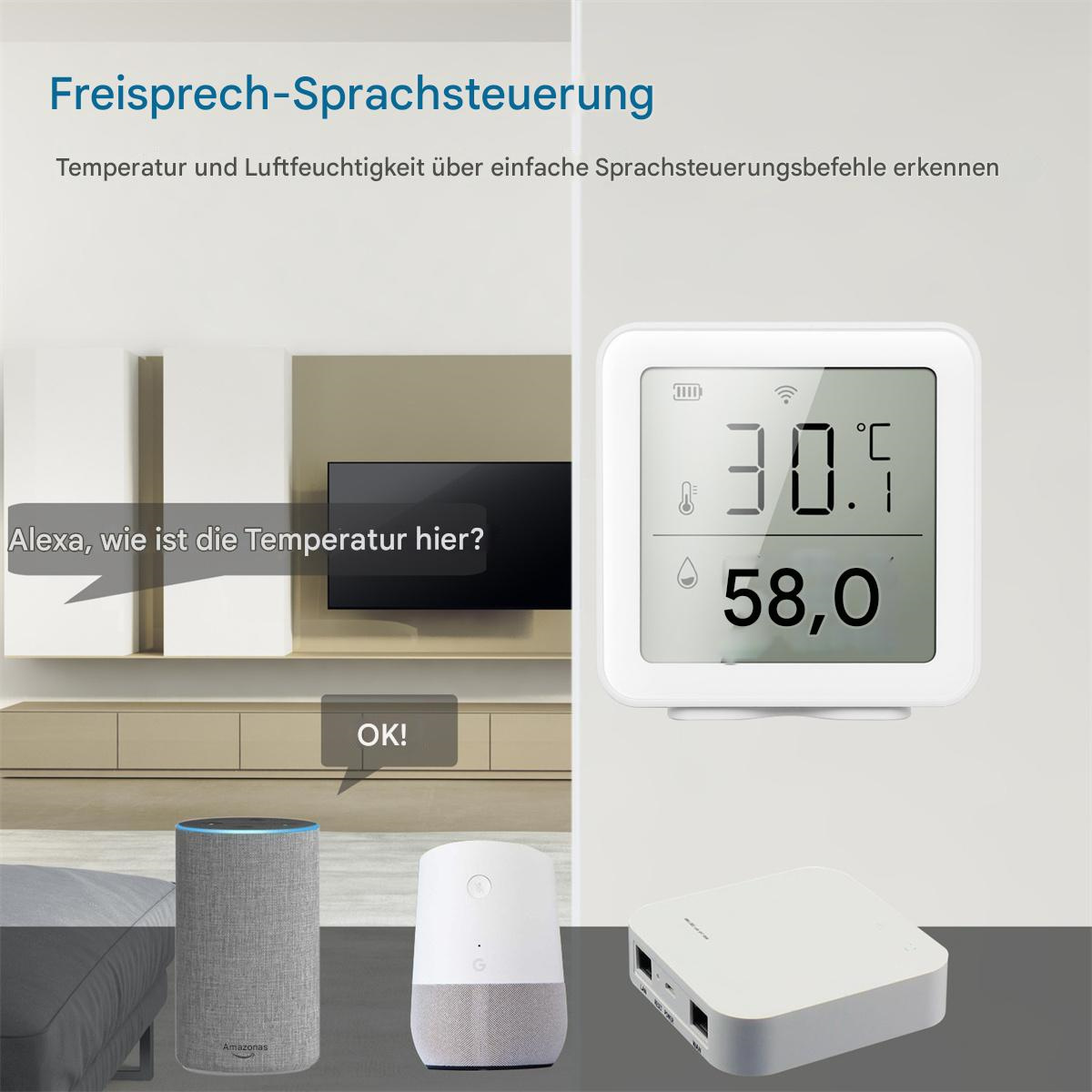 Smart-Home-Gerät mit Display, zeigt Temperatur und Luftfeuchtigkeit.