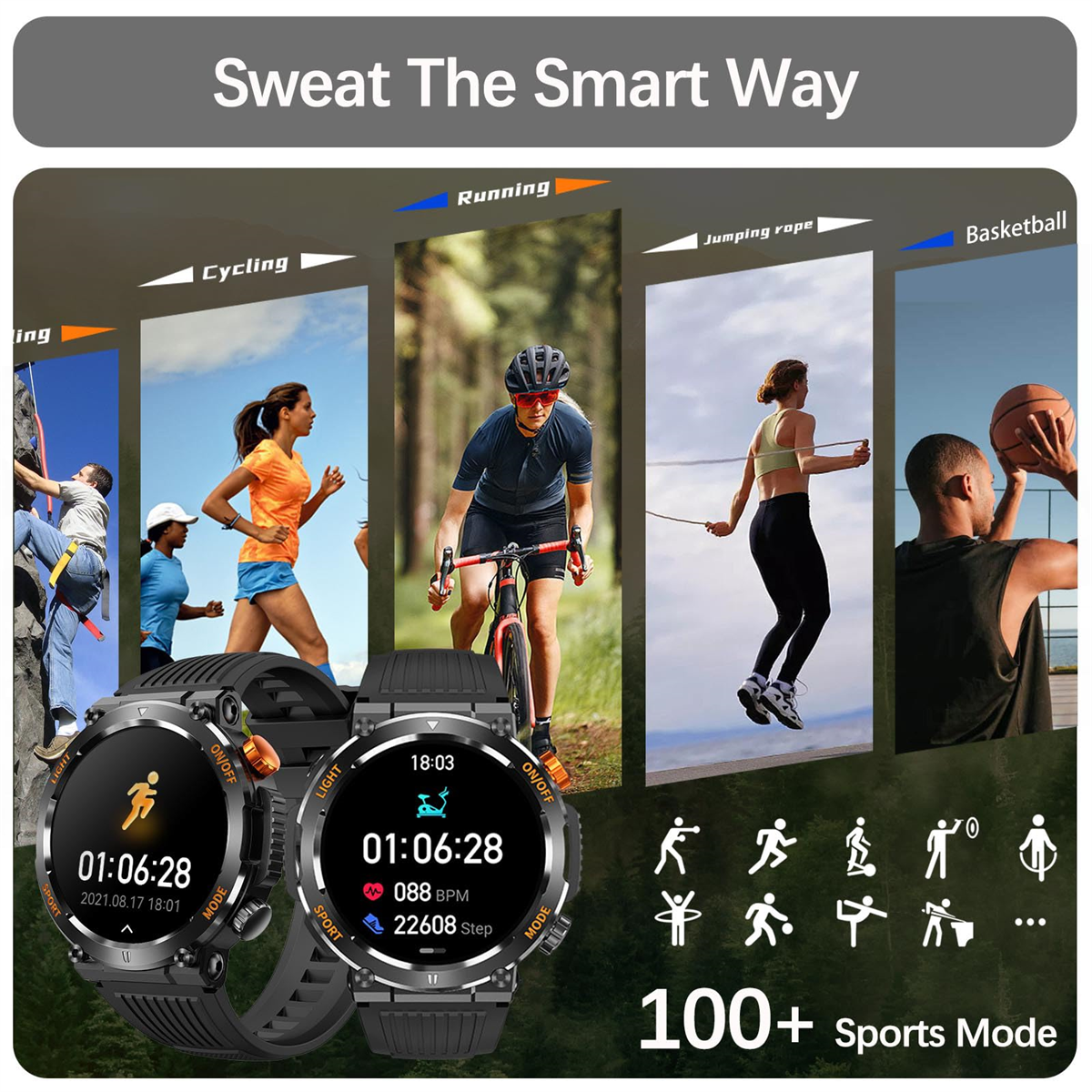 Zwei Smartwatches und Leute, die Sportarten wie Radfahren, Laufen und Basketball ausüben.