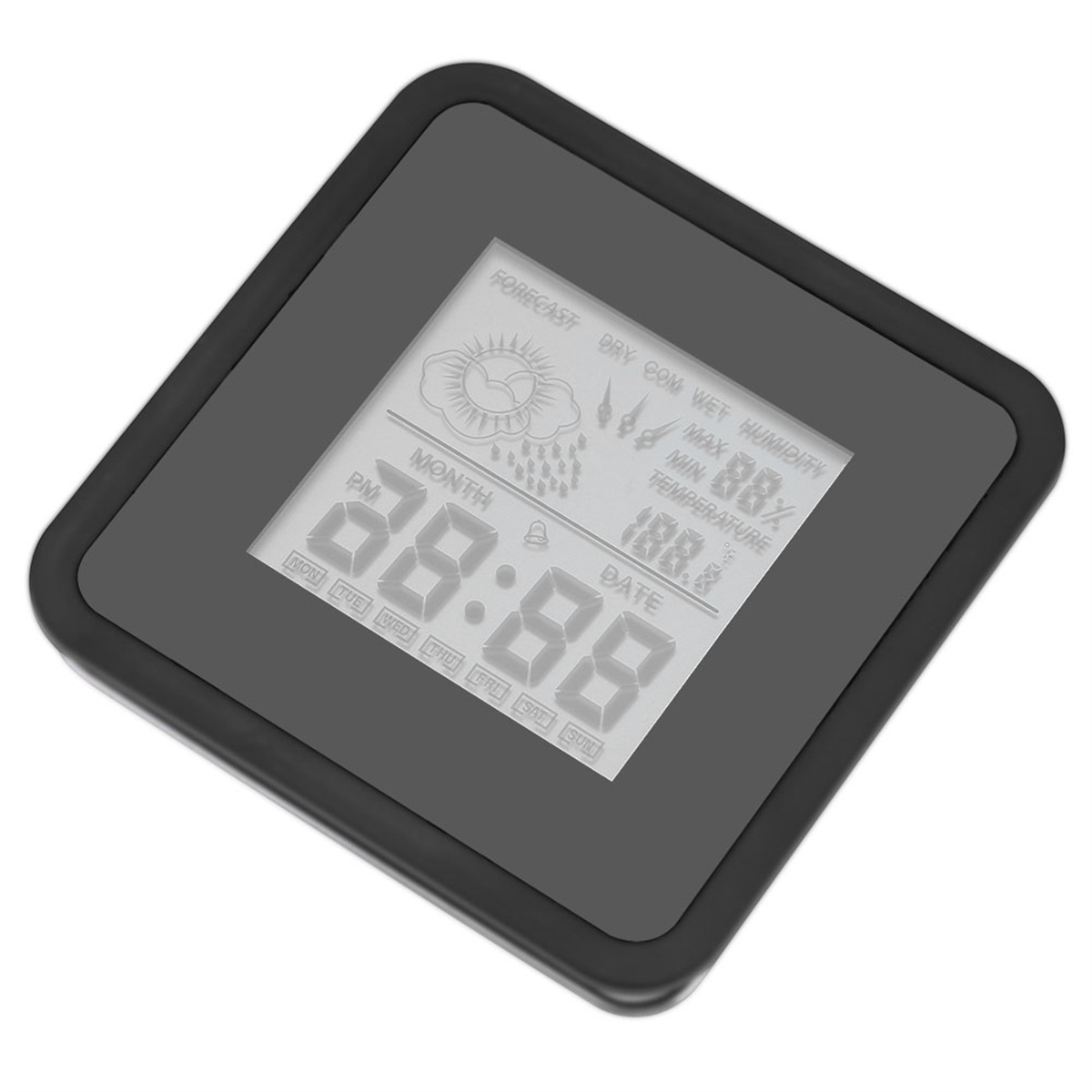 Digitaluhr mit Anzeige von Zeit, Datum und Wettervorhersage-Symbolen. Schwarzer Rahmen auf grauem Hintergrund.