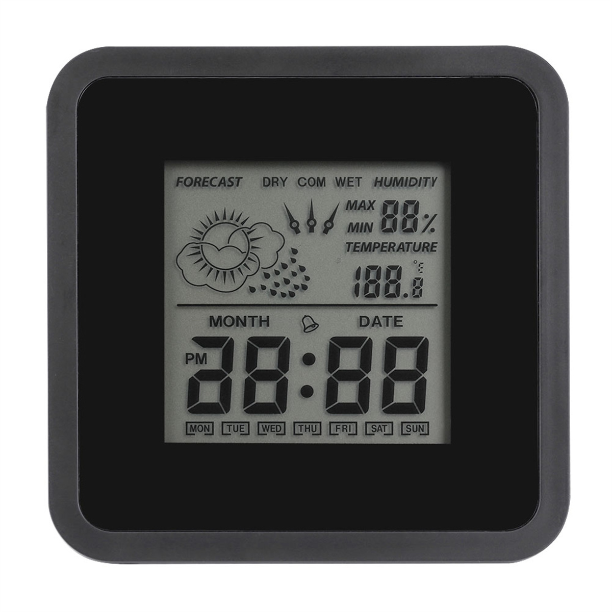 Schwarze digitale Wetterstation mit Anzeige von Vorhersage, Zeit, Luftfeuchtigkeit und Temperatur.