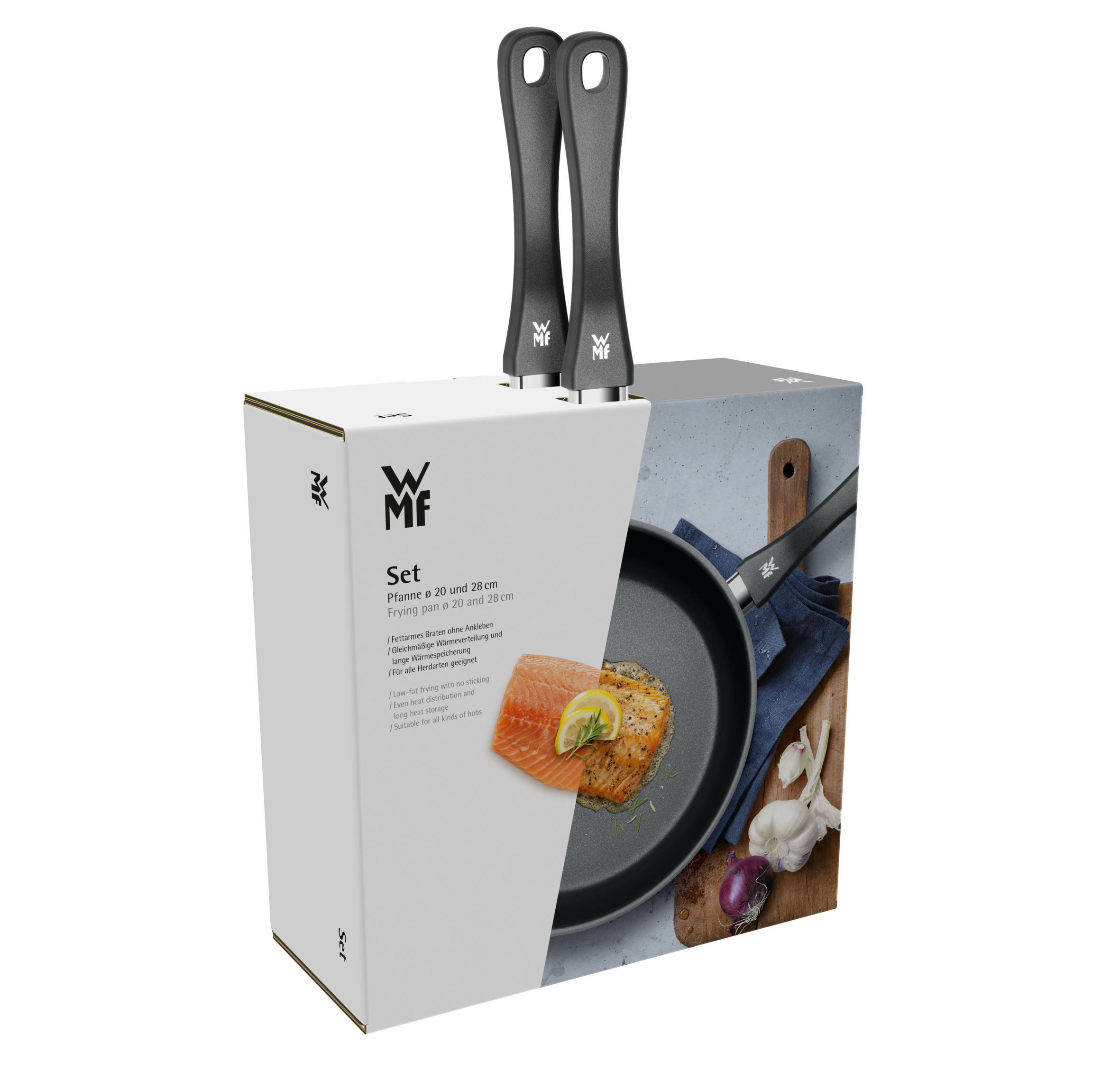 Bratpfannen-Set in einer Box mit Griffen und einem Bild von Essen auf der Pfanne.