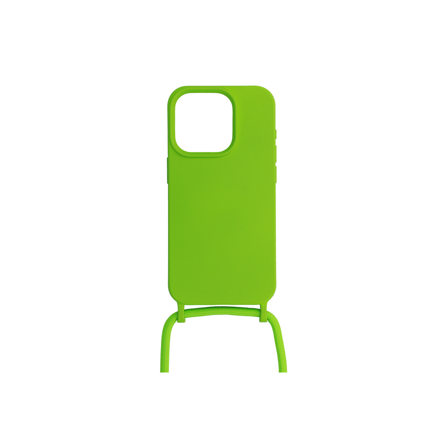 Una custodia per telefono verde brillante con cinturino. La custodia ha un ritaglio per la fotocamera e un cinturino in basso.
