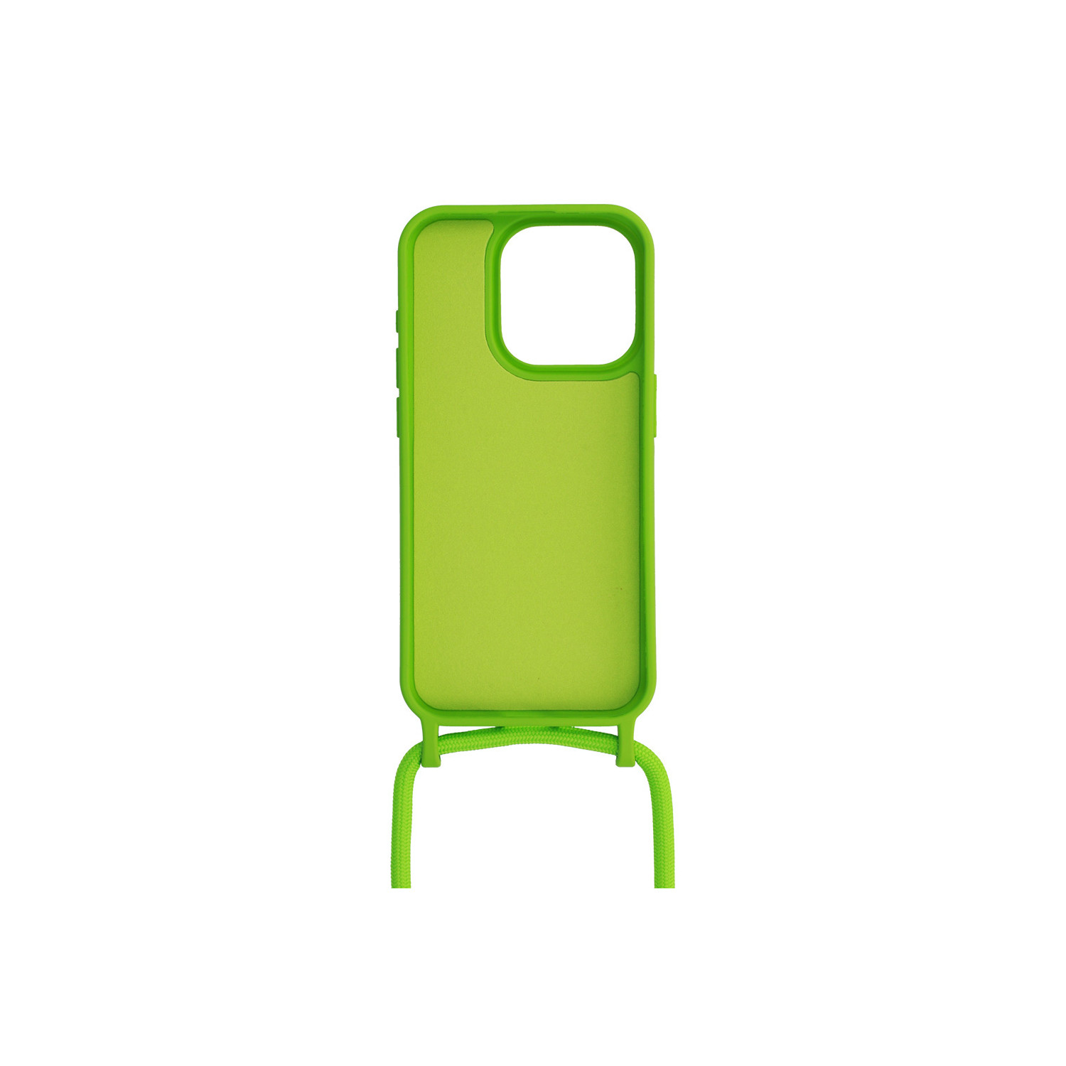 Una custodia per telefono verde neon con una corda attaccata, su uno sfondo bianco, evidenziando il design della custodia.