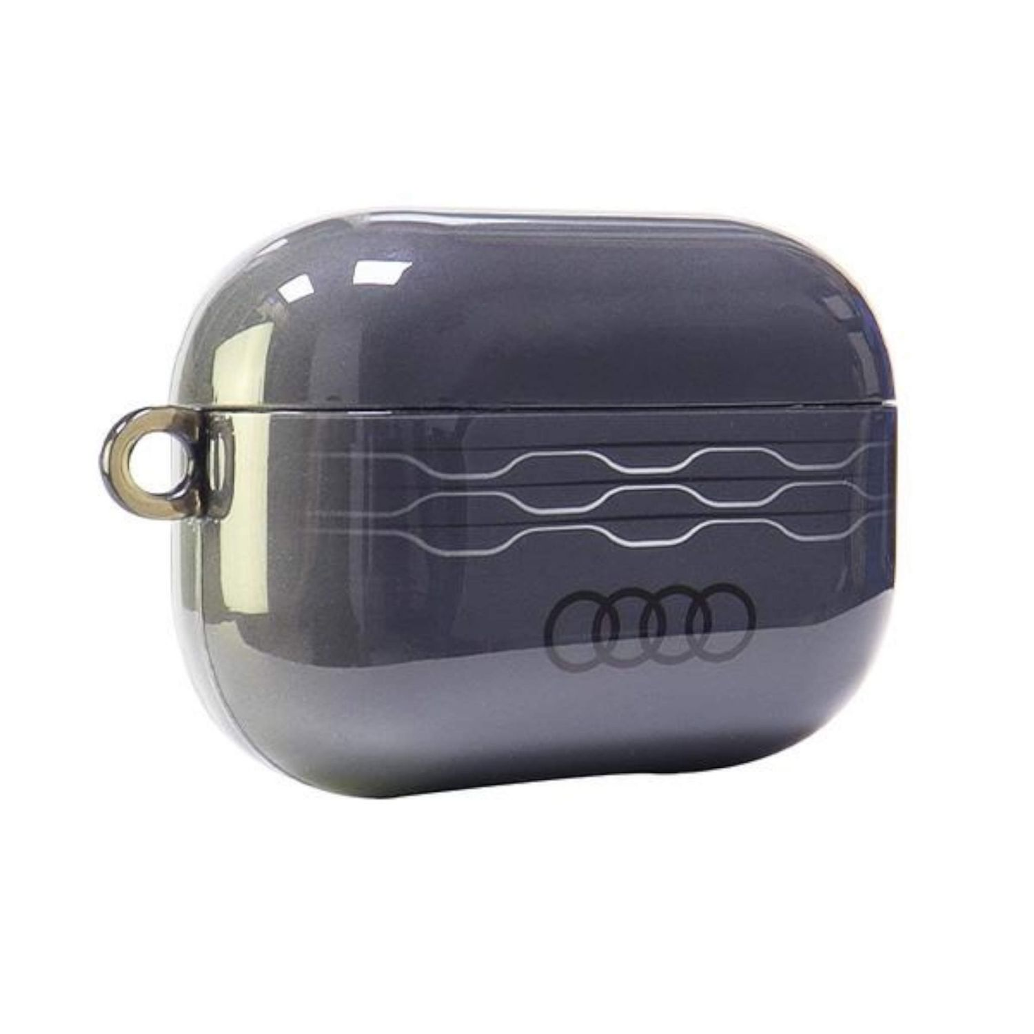 Una custodia grigia per Airpods con il logo Audi. È di forma ovale e ha un anello di metallo sul lato.