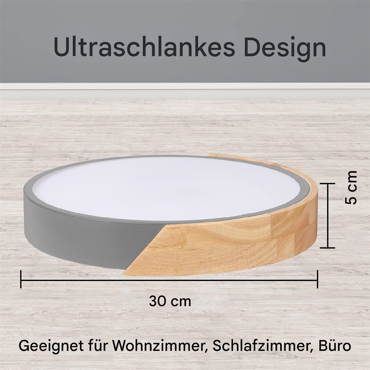 Runde weiße und graue Deckenleuchte mit Holzakzenten. Text auf Deutsch.