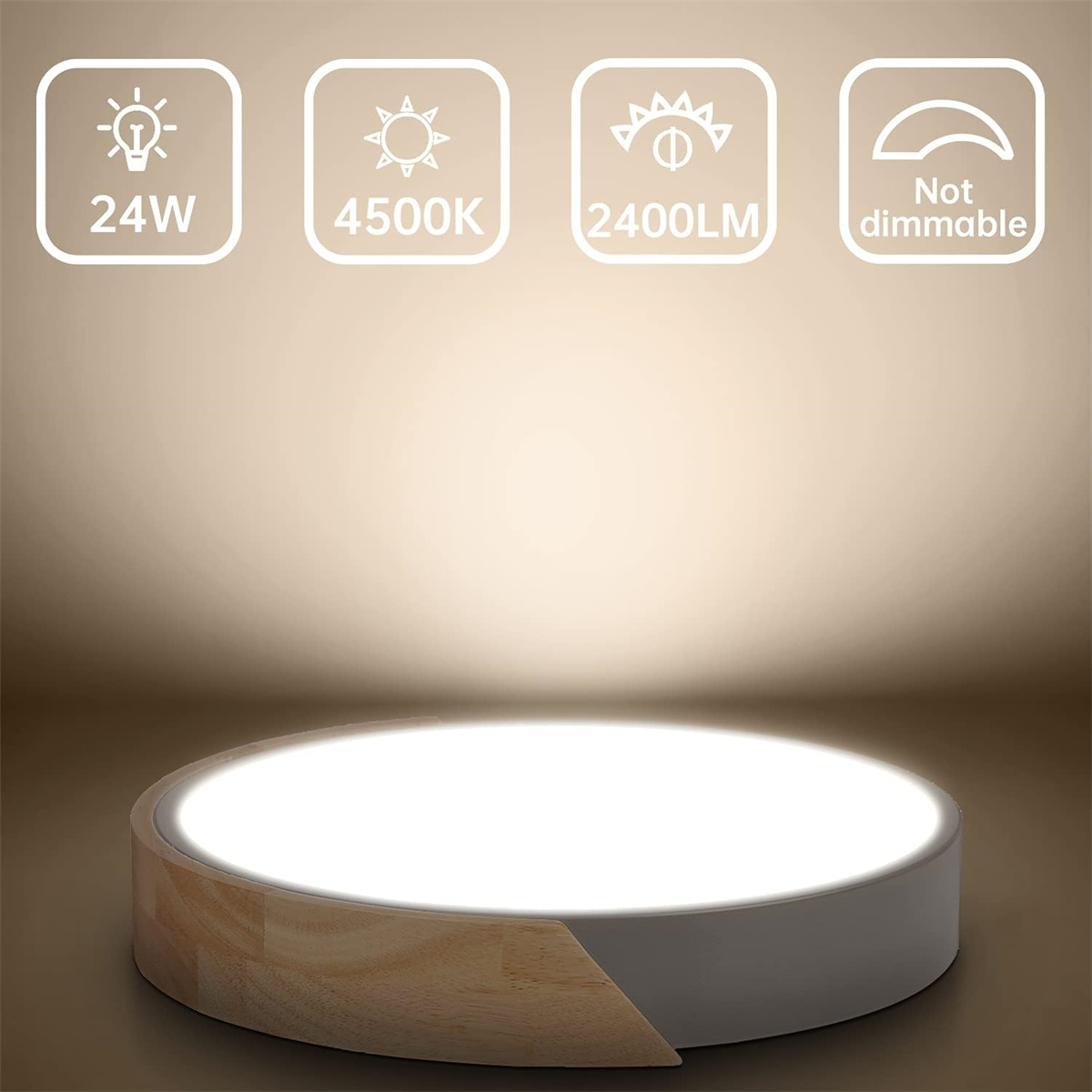Eine runde, weiß- und holzfarbene LED-Leuchte wird gezeigt, mit Symbolen für 24W, 4500K und 2400LM.