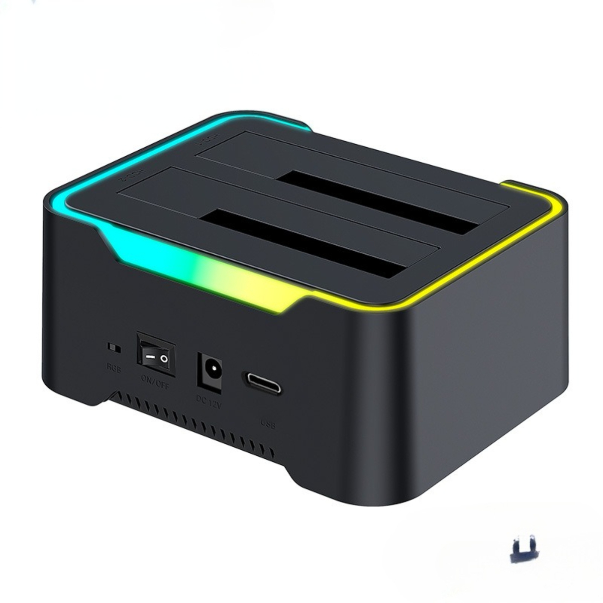 Schwarz-graue Dockingstation mit RGB-Beleuchtung. Mit Stromanschluss, Ein/Aus, DC 12V und USB-Anschlüssen.