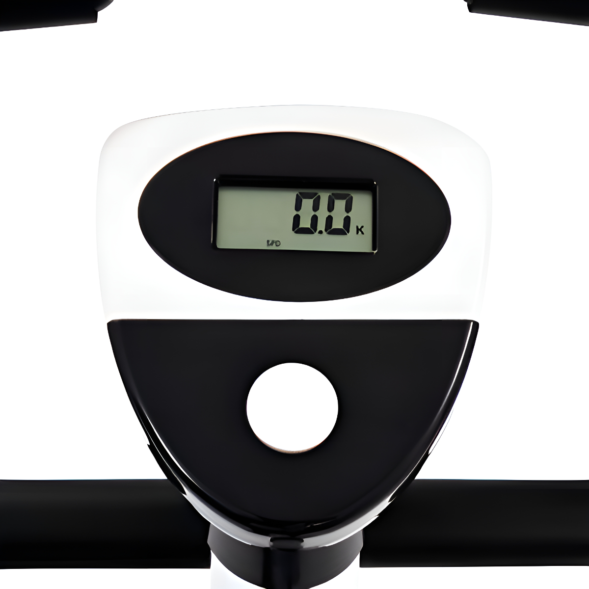 Nahaufnahme einer Digitalanzeige an einem Fitnessgerät, die '0.0' anzeigt.