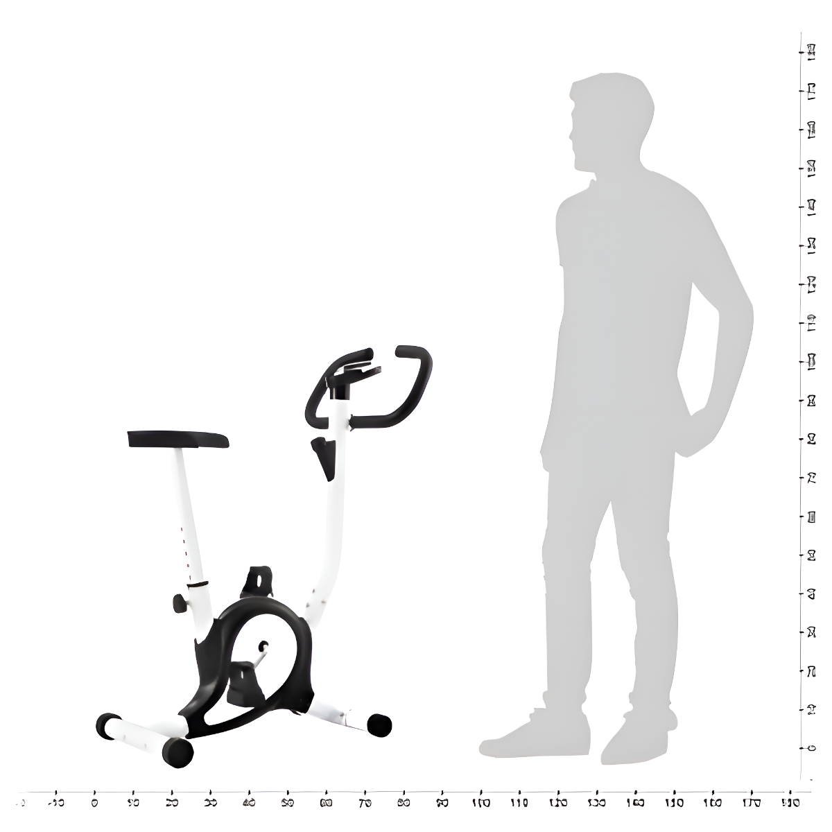 Heimtrainer mit einer Personensilhouette daneben, die Maßstab und Messungen zeigt.