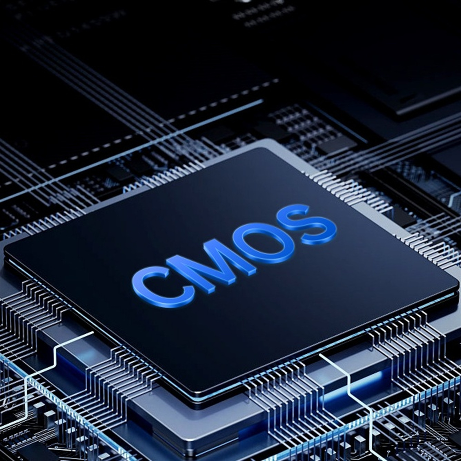 Ein Nahaufnahmebild eines CMOS-Chips mit blauem Text, der CMOS darauf schreibt.
