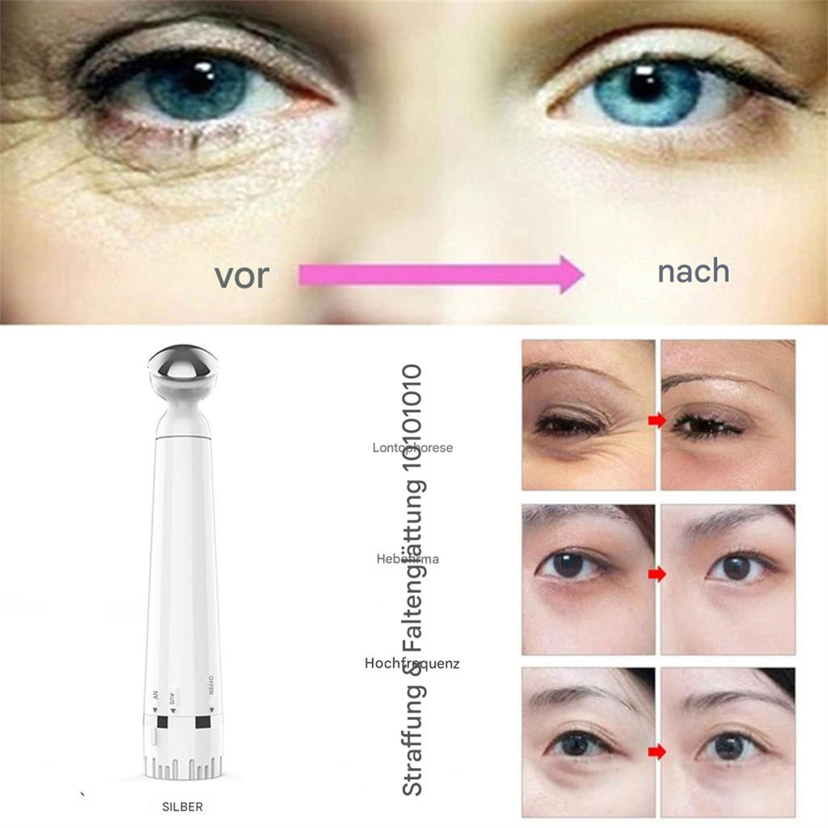 Bild zeigt Vorher-Nachher-Anti-Falten-Behandlung und ein Gerät.