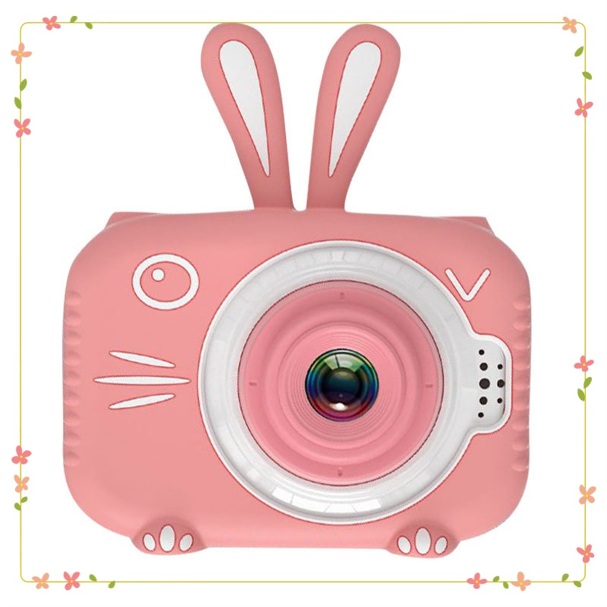Rosa Bunny-Kamera. Mit Hasenohren, Objektiv und Knöpfen. Umgeben von floralen Dekorationen.