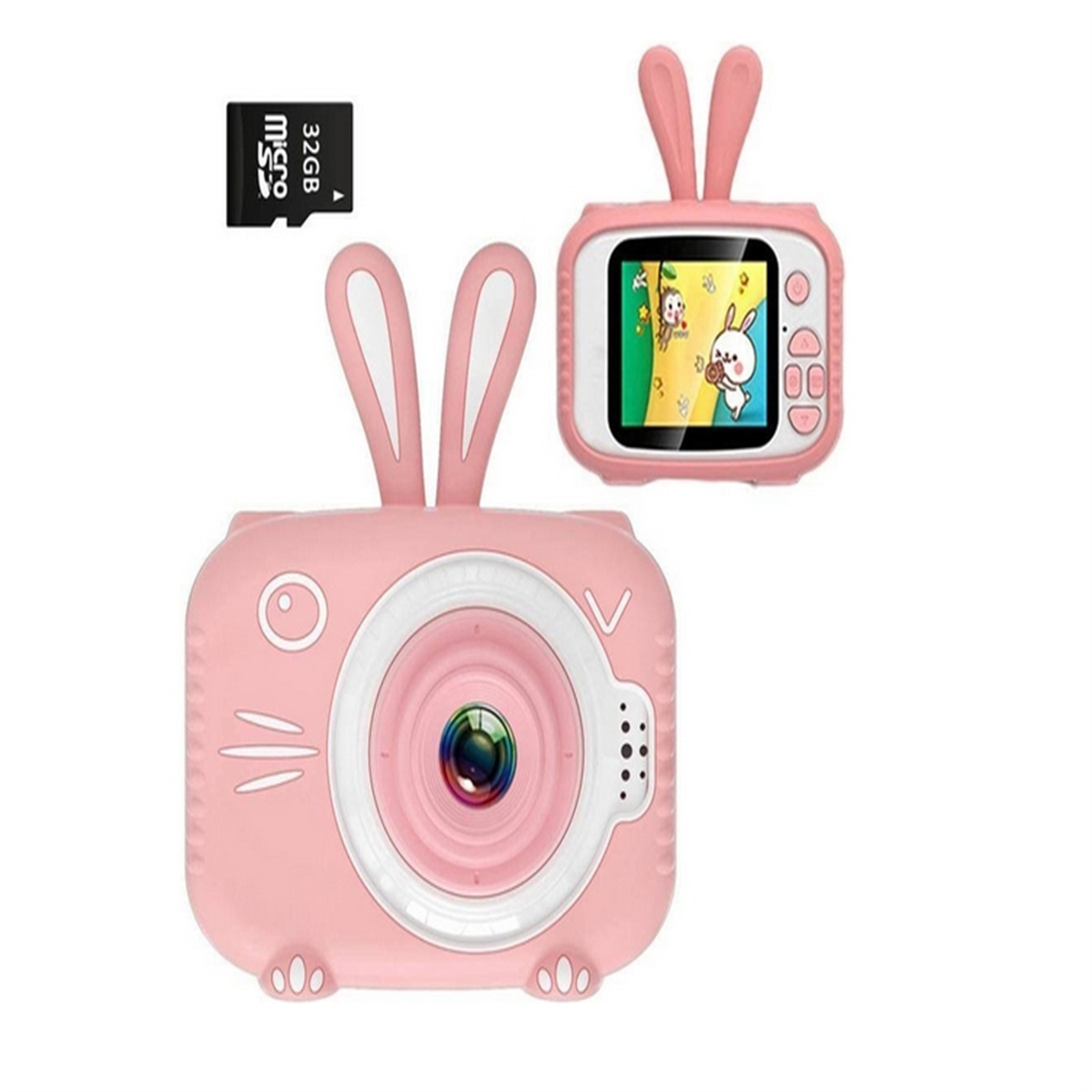 Rosa Kamera in Hasenform mit Bildschirm und 32GB Micro-SD-Karte.