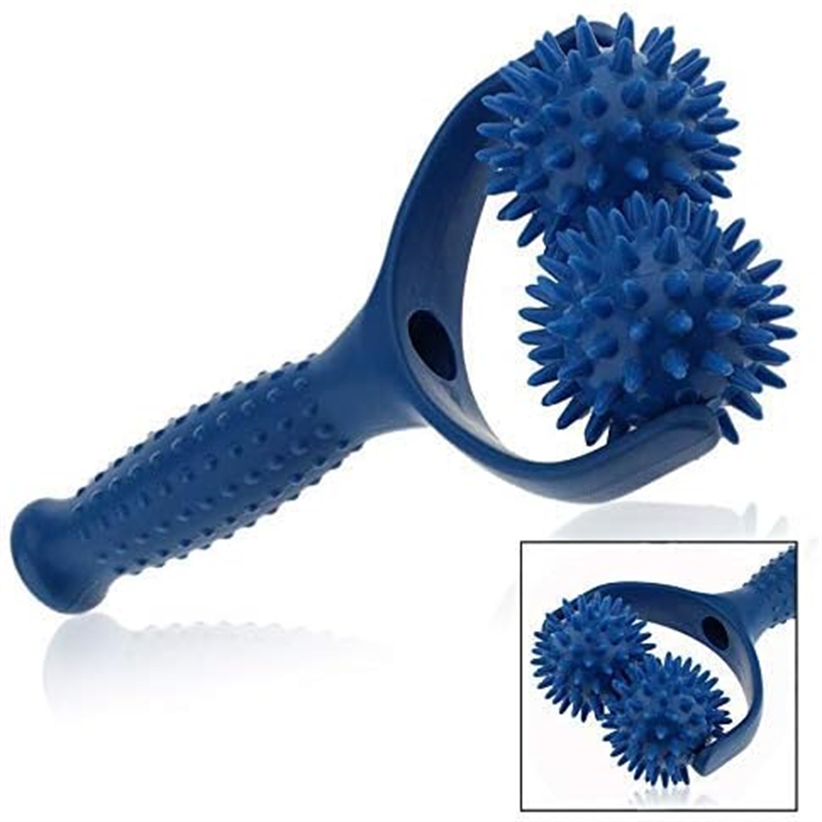 Eine blaue Massagerolle mit zwei stacheligen Kugeln. Sie hat einen Griff zum Greifen.