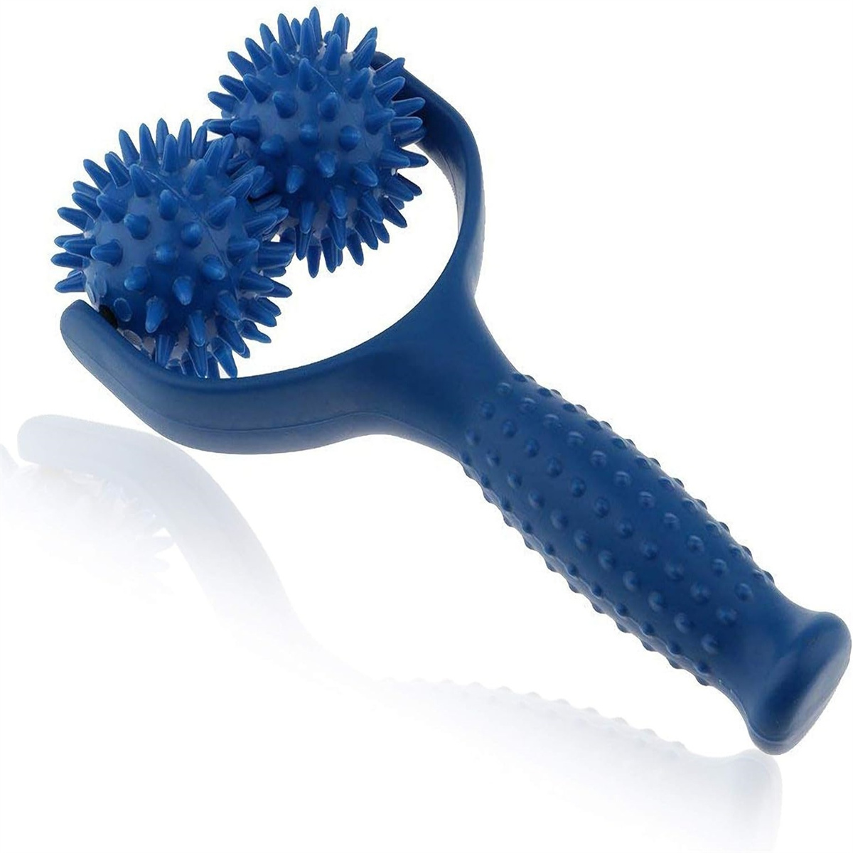 Blauer Massageroller mit zwei stacheligen Kugeln und Griff.