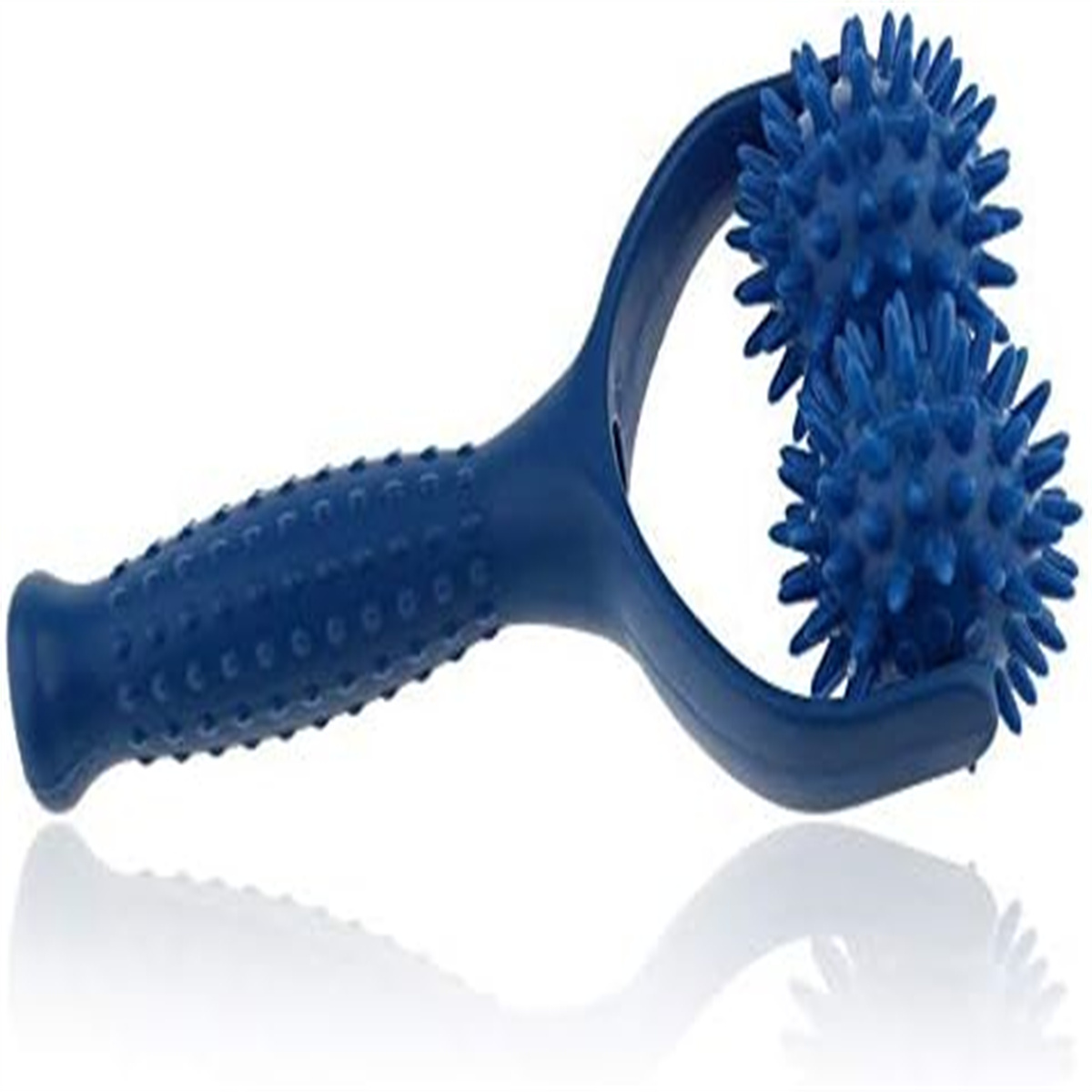 Blauer Massageroller mit zwei stacheligen Kugeln und einem Griff.