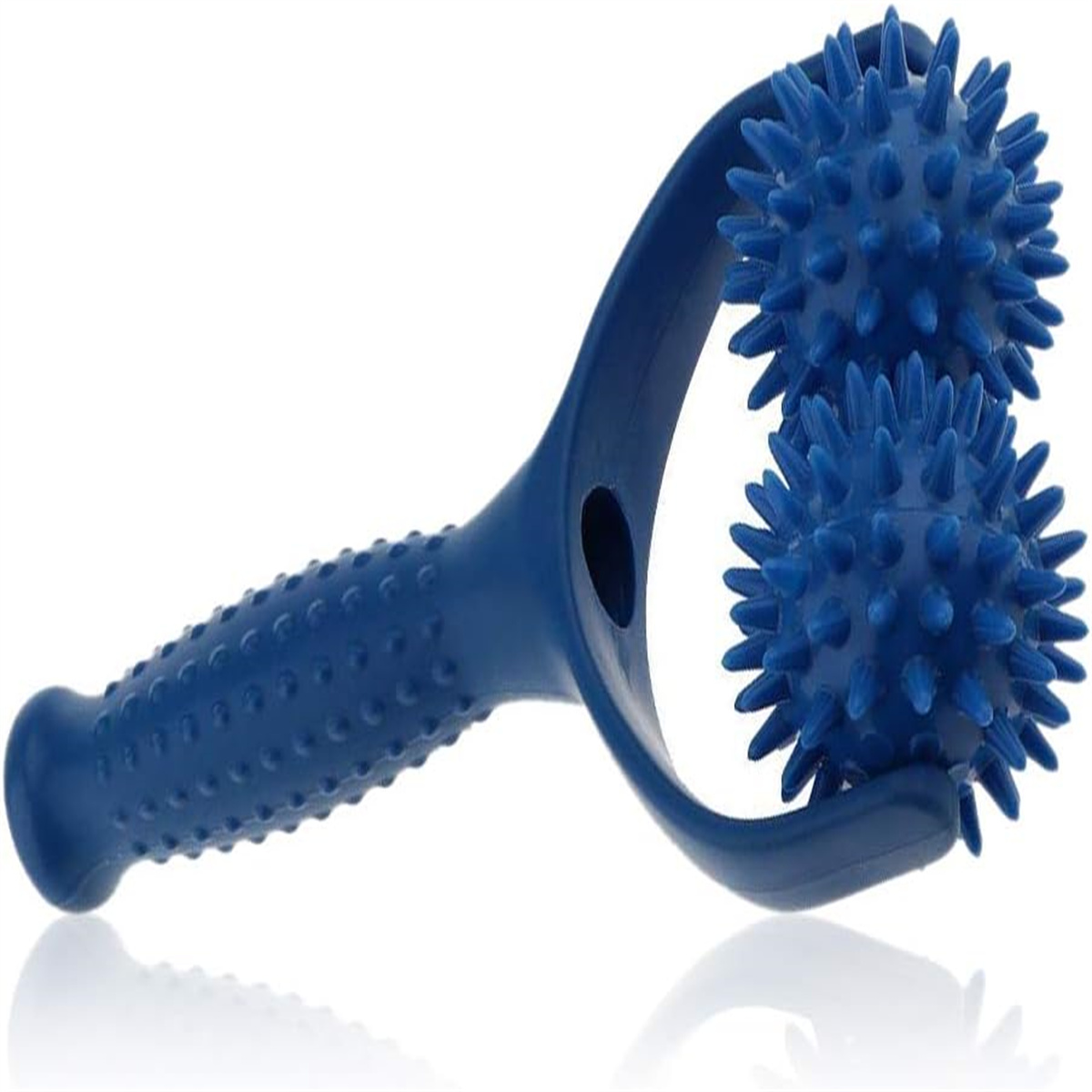 Blauer Massage-Roller mit zwei stacheligen Kugeln und einem gebogenen Griff.