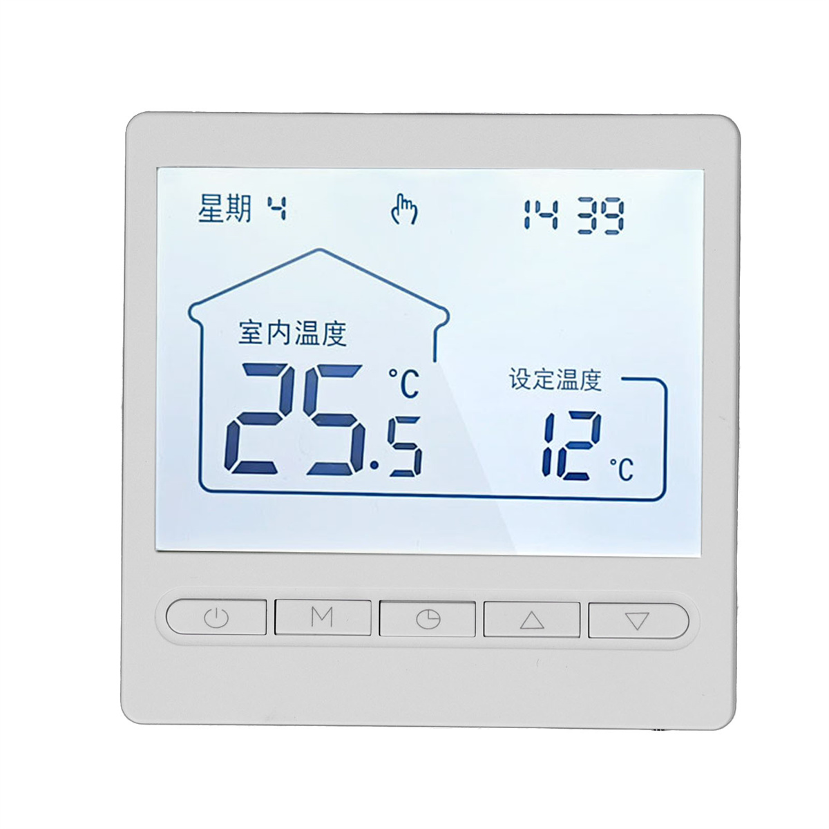 Weißes Thermostat mit Digitalanzeige, die die Temperatur anzeigt.