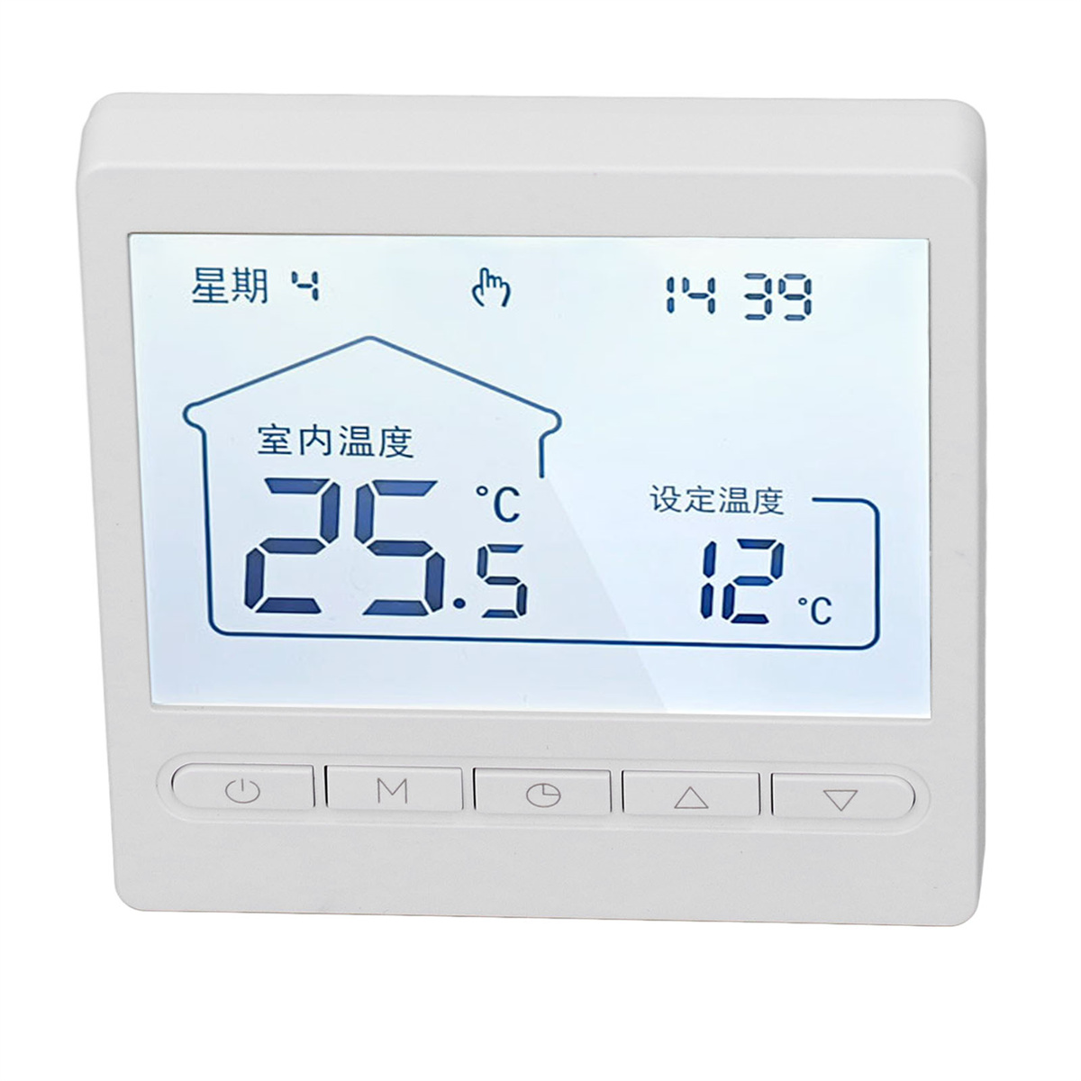 Ein weißes Thermostat zeigt die Uhrzeit, den Tag und eine Raumtemperatur von 25,5°C an. Eine Zieltemperatur von 12°C ist eingestellt.