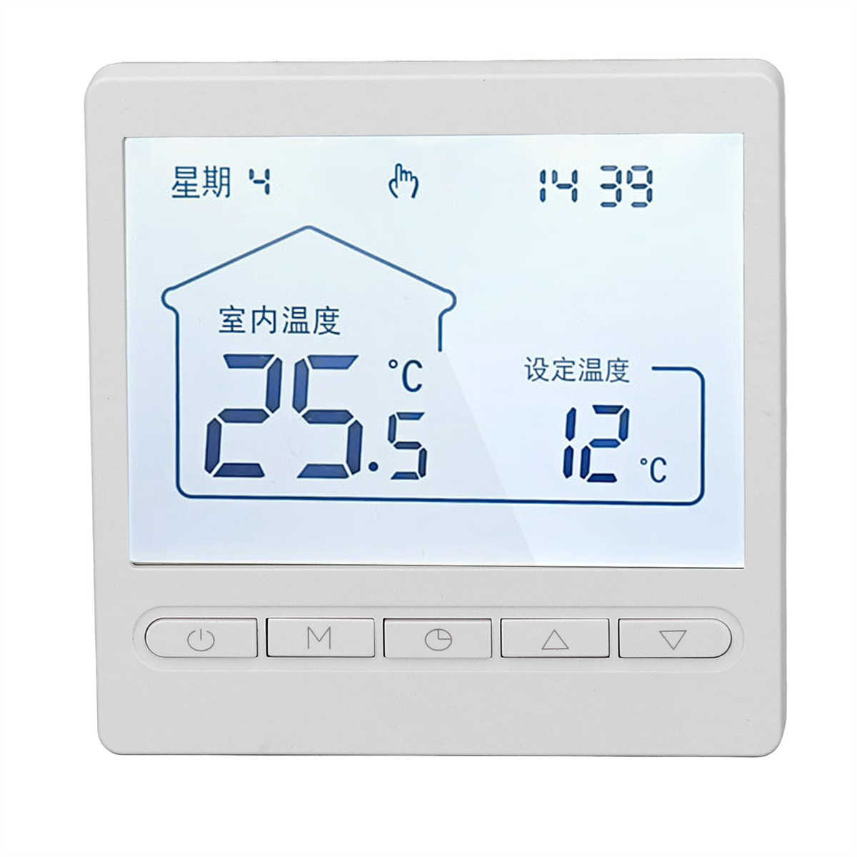 Ein weißes Thermostat zeigt die Innentemperatur und die eingestellte Temperatur an.