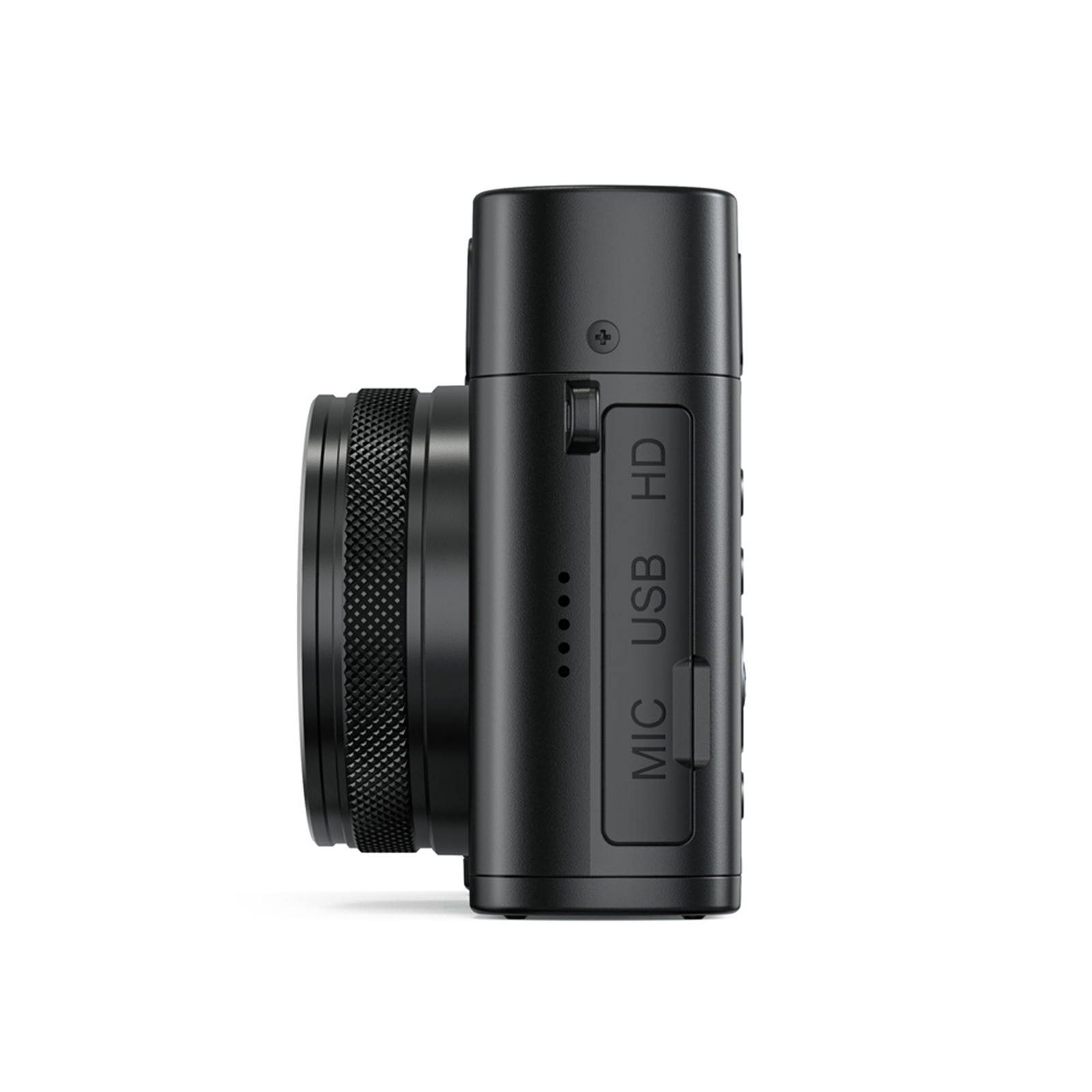 Schwarze Kamera mit Objektiv und Knöpfen, mit MIC, USB und HD Beschriftungen.